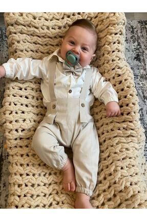 ykr design Bej Harem Uzun Erkek Bebek Çocuk Salopet Gömlek Papyon Takım