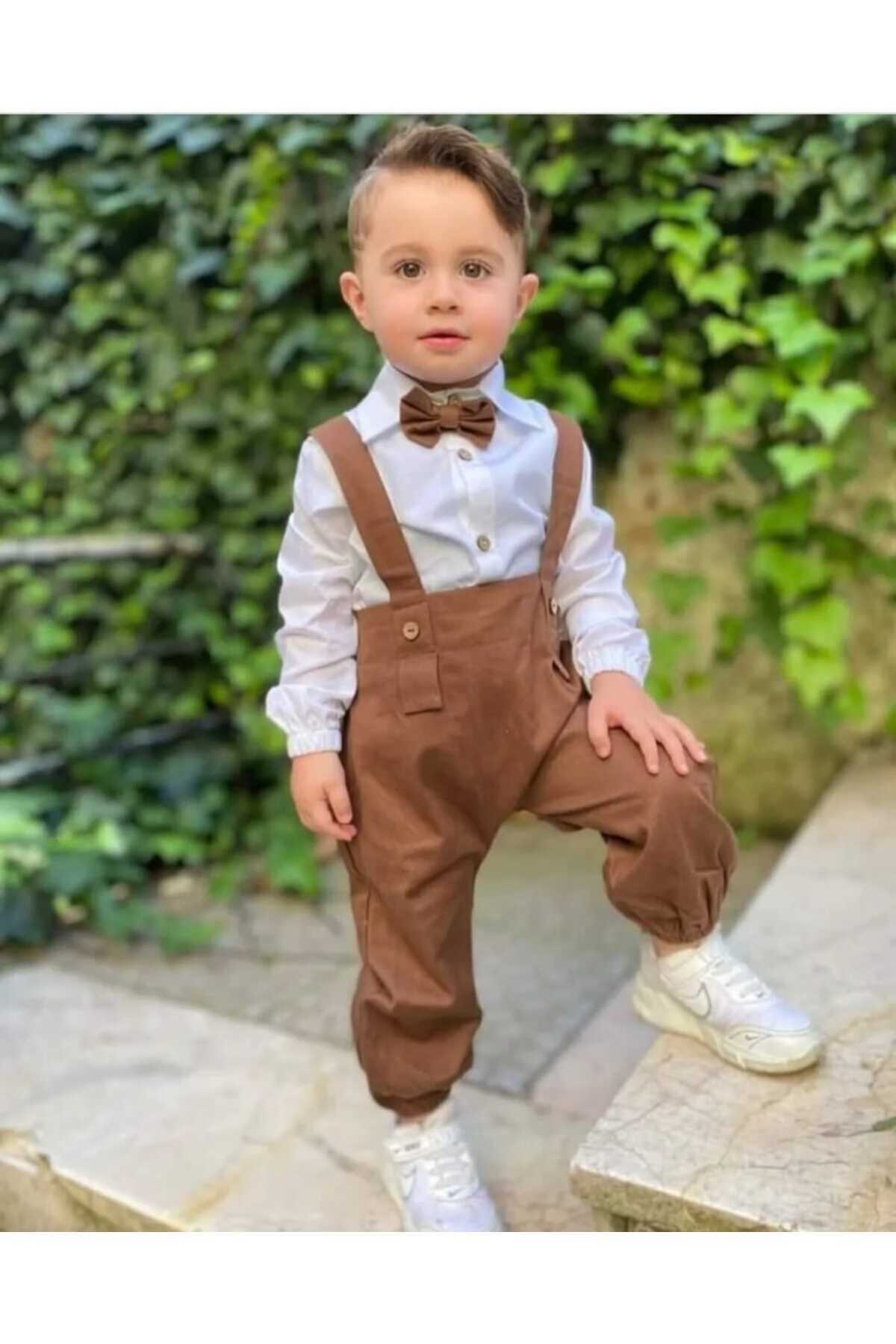 ykr design Kahve Erkek Harem Uzun Bebek Çocuk Salopet Gömlek Papyon Takım fotoğrafı 3 (önizleme)