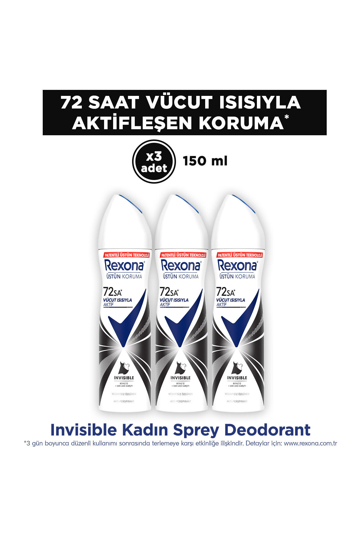 Rexona Kadın Sprey Deodorant Invisible 72 Saat Kesintisiz Koruma 150 ml x3