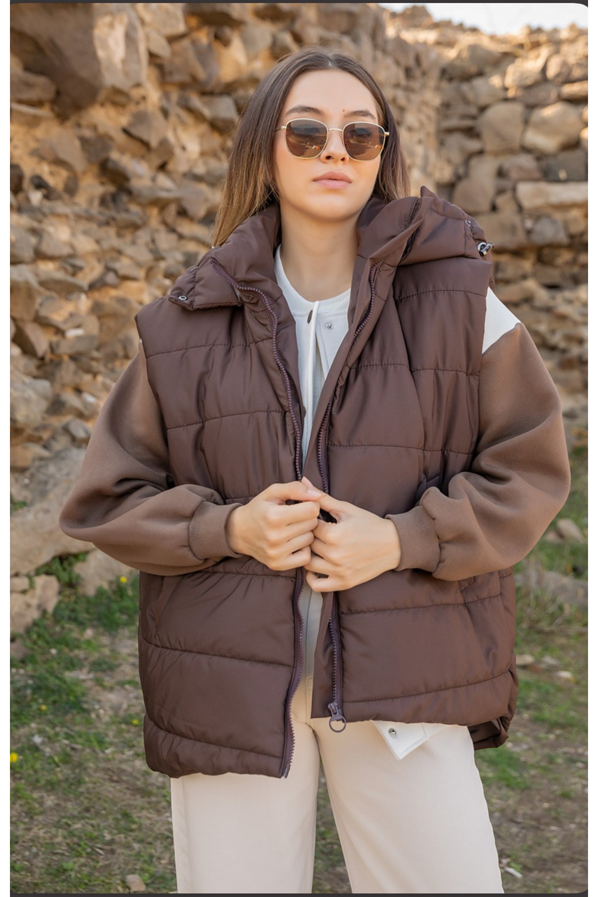 Mitnight Kadın Kapüşonlu Kahve Şişme Yelek