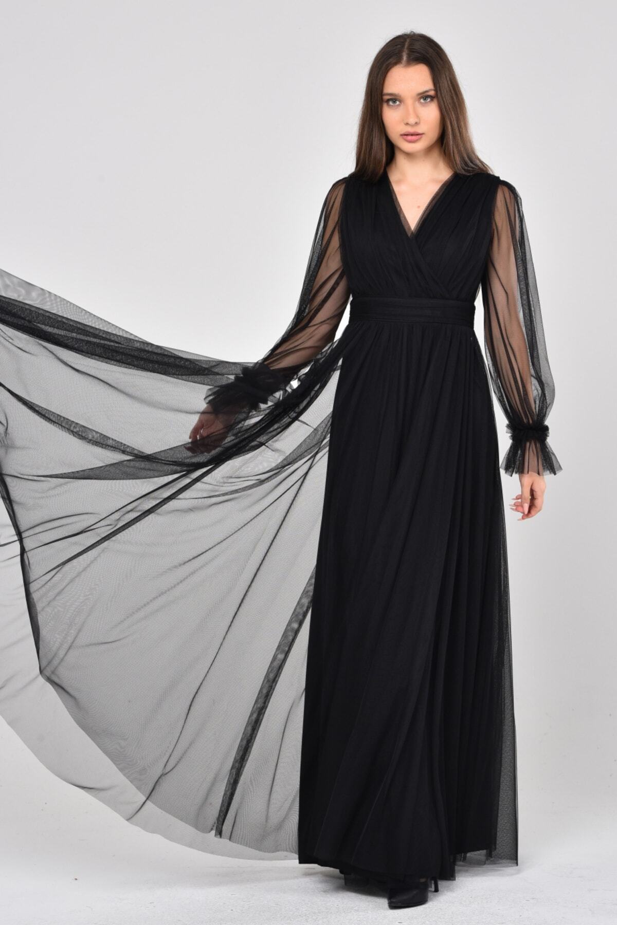 Asees Önü Kruvaze Uzun Kol Esnek Tül Abiye Elbise