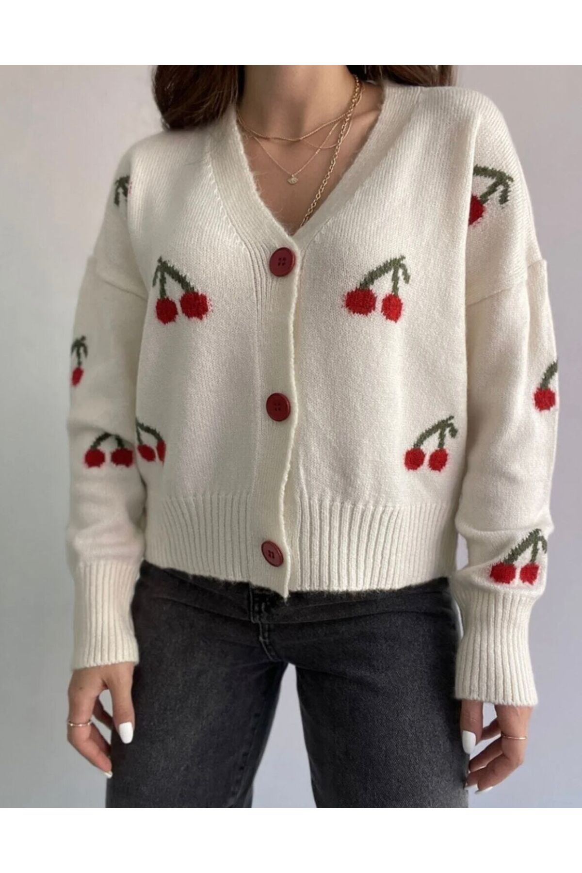 FLEX FASHION  Kadın TREND POPÜLER KİRAZ DETAYLI Ekru triko Hırka - Görsel 3