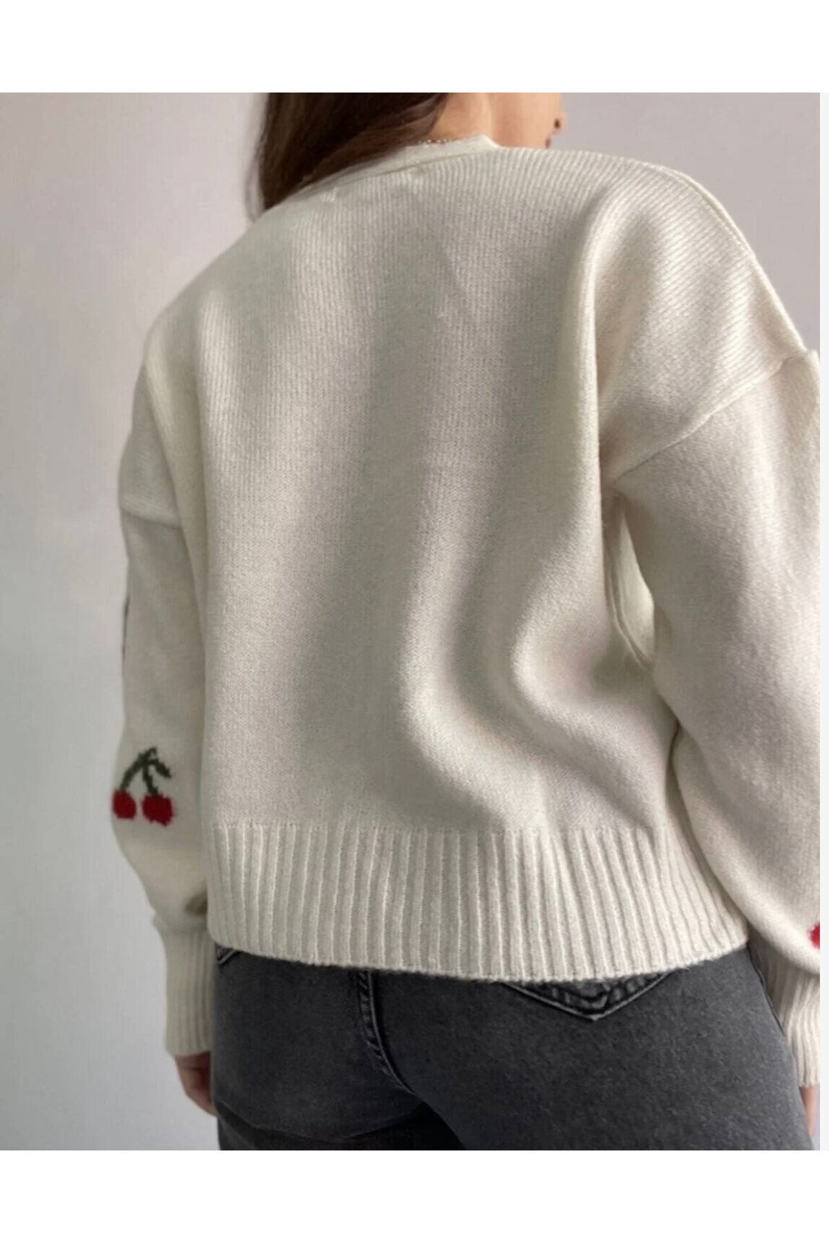 FLEX FASHION  Kadın TREND POPÜLER KİRAZ DETAYLI Ekru triko Hırka - Görsel 6