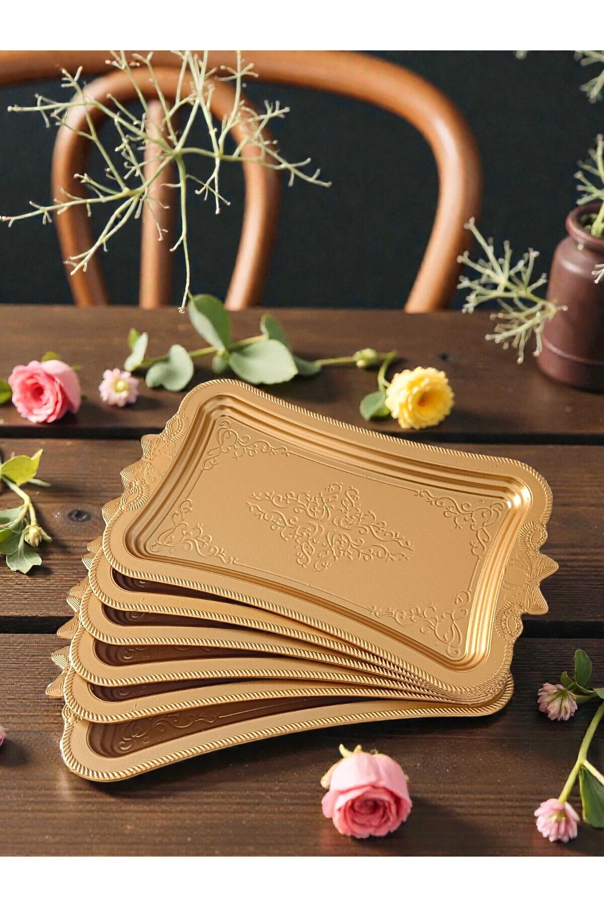 MEGA AVM 6 Adet Kurdale Kahve Sunumluk Tepsi GOLD (plastik)kelebek