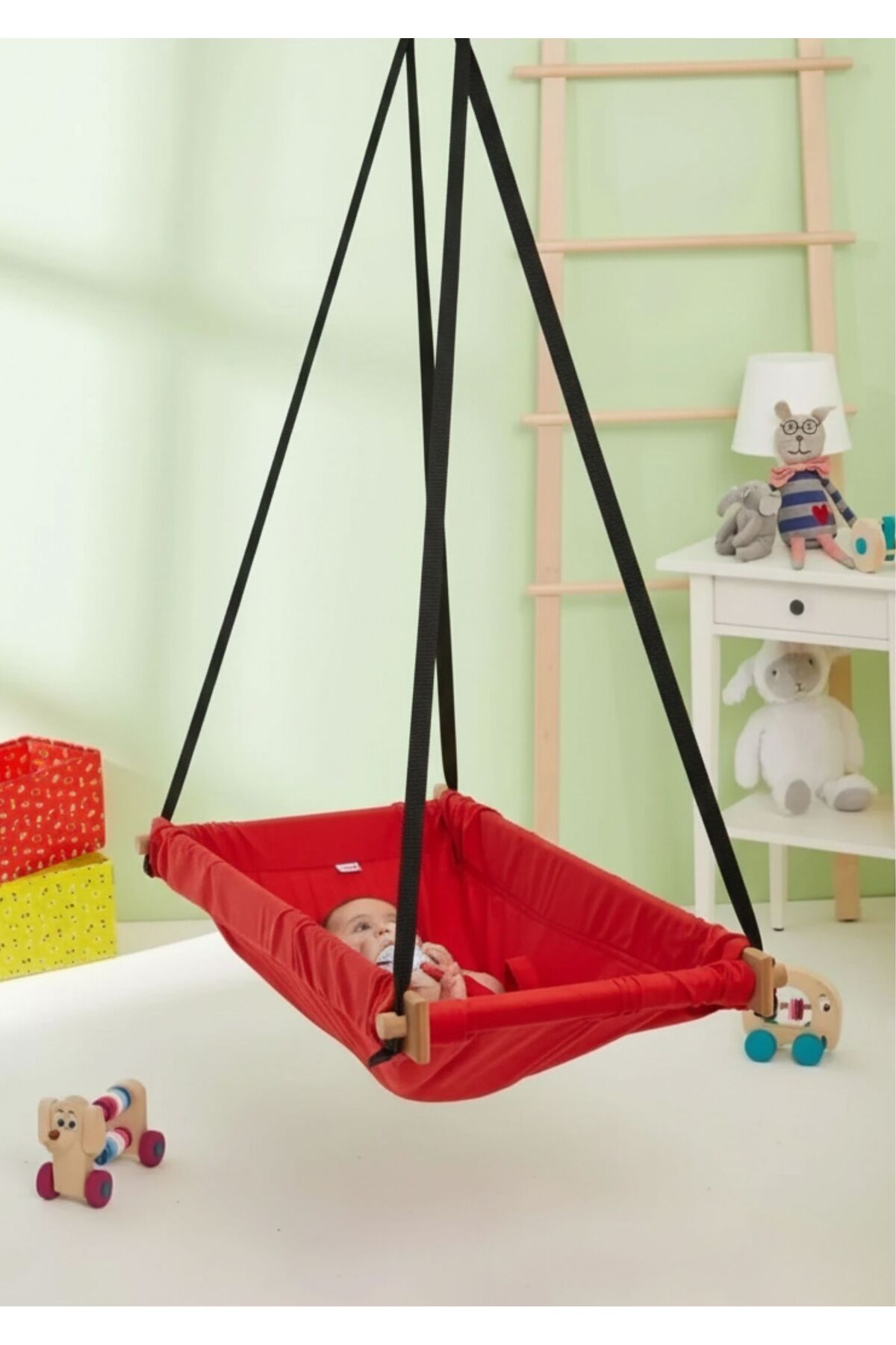 Wooden Spring Hopping Hammock Crib Hoppala Ceiling Hanging Hammock Swing Baby Bed (RED)