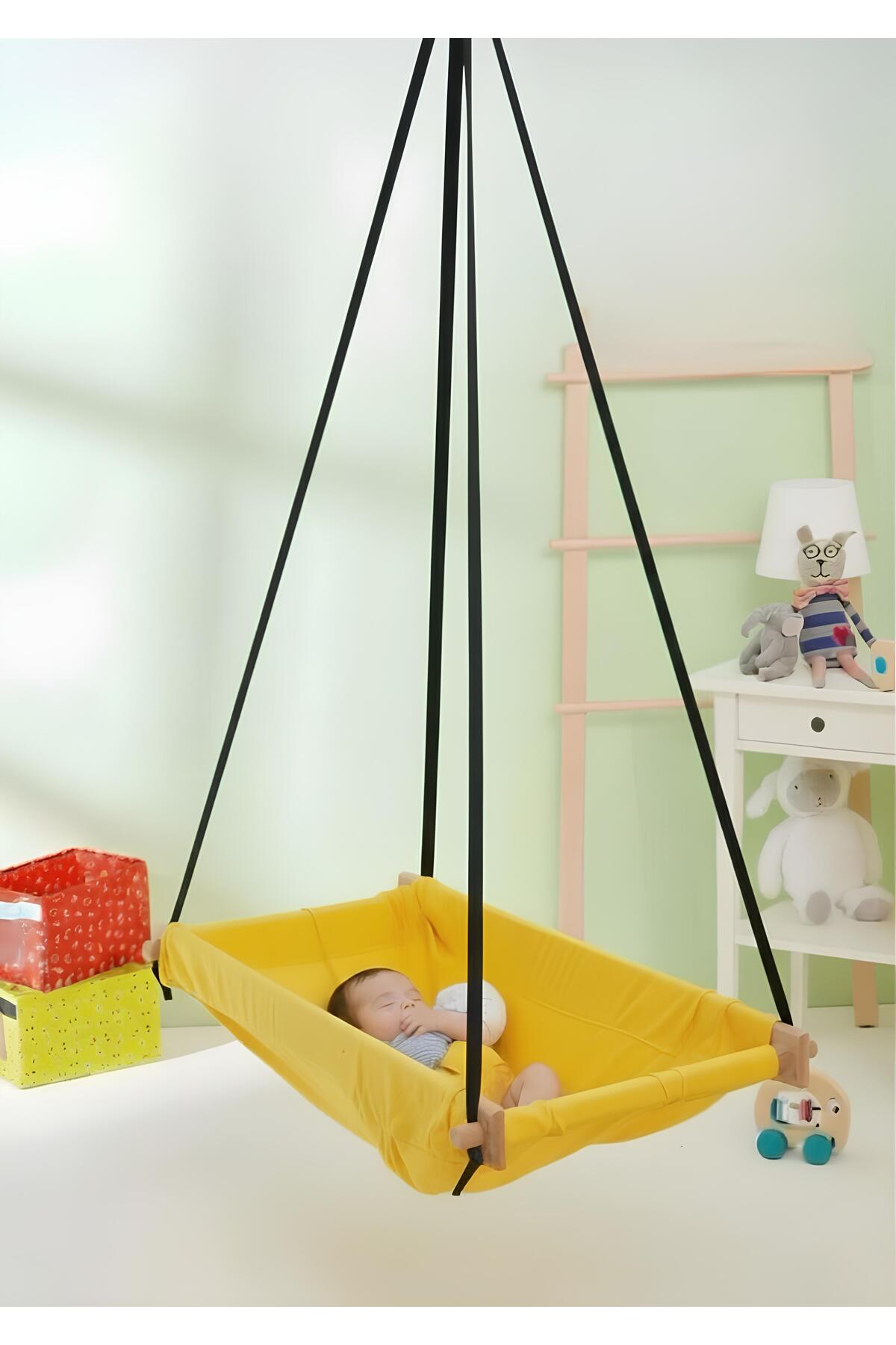 Svava Ahşap Yaylı Zıpzıp Hamak Beşik Hoppala Tavana Asılan Hamak Salıncak Bebek Yatağı(SARI) fotoğrafı 2 (önizleme)