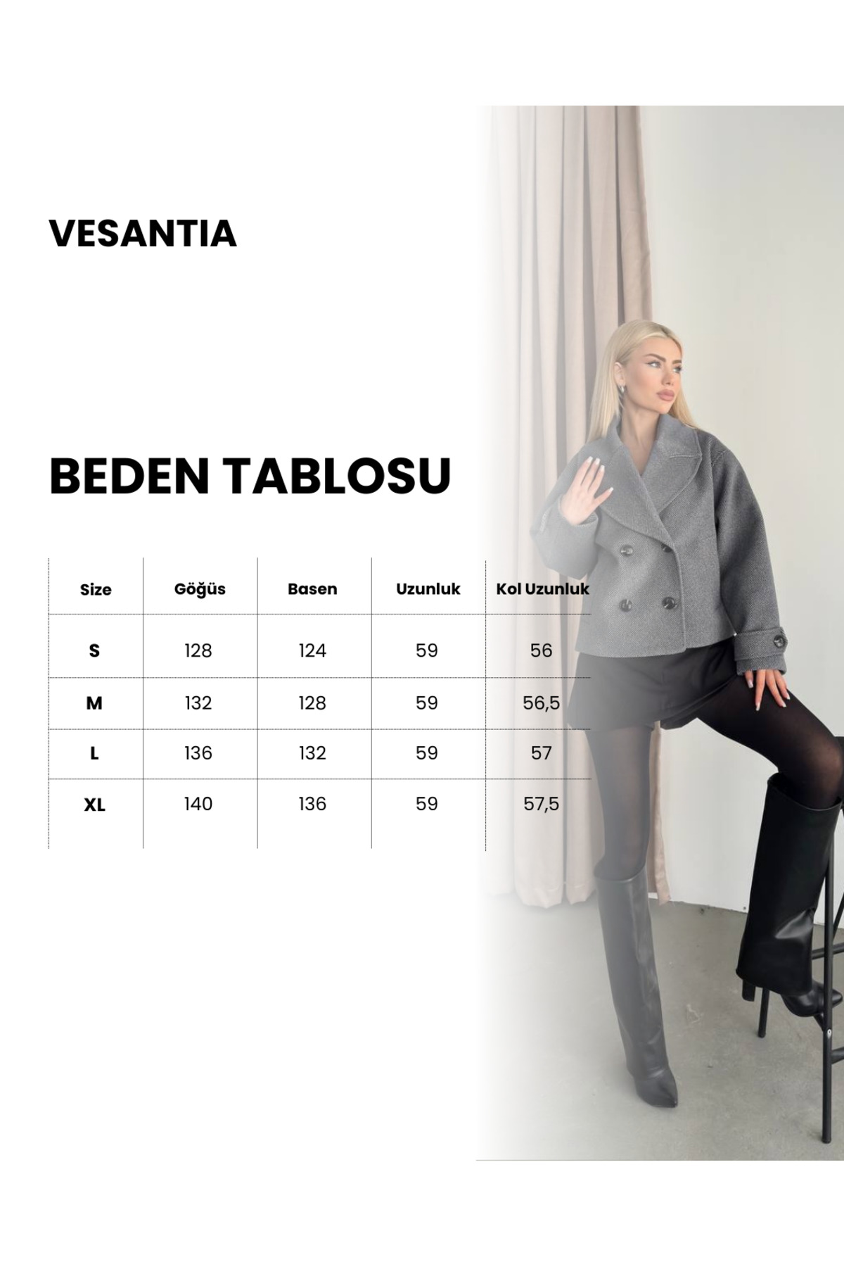 ParlaMira Kadın Gri Pamuksu Dokulu Premium Kaşe Crop Kaban görsel 2