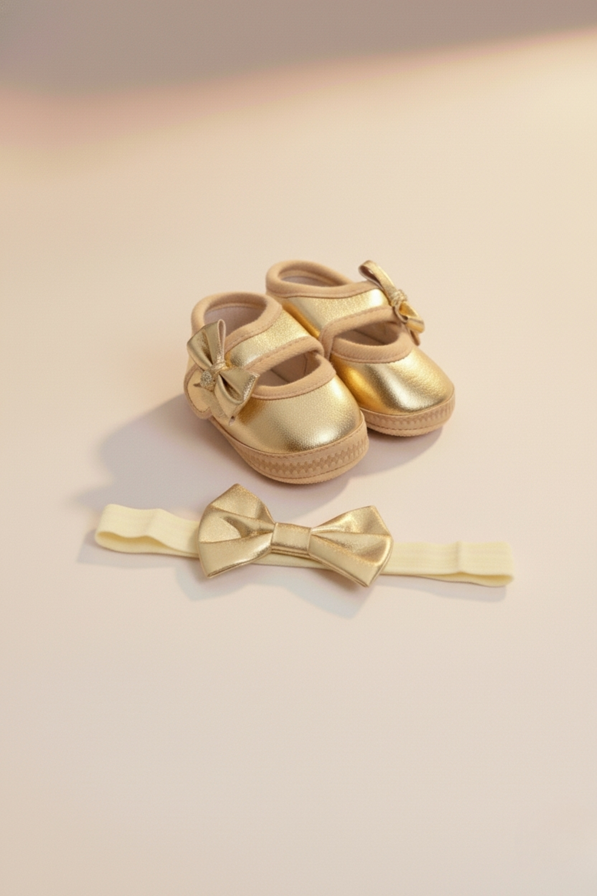 LOGO AKSESUAR 0-3 Ay Yeni Doğan Gold Varak Bebek Bandana Patik Seti fotoğrafı 3 (önizleme)