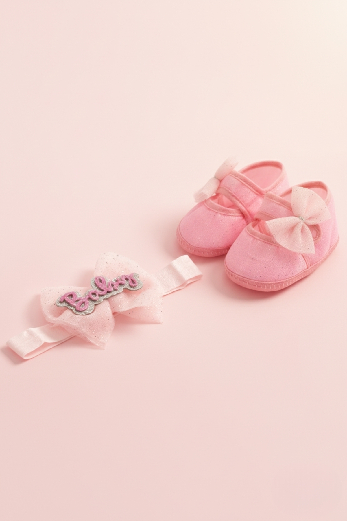 LOGO AKSESUAR 0-3 Ay Yeni Doğan Simli Dantel Pembe Bebek Bandana Patik Seti fotoğrafı 3 (önizleme)