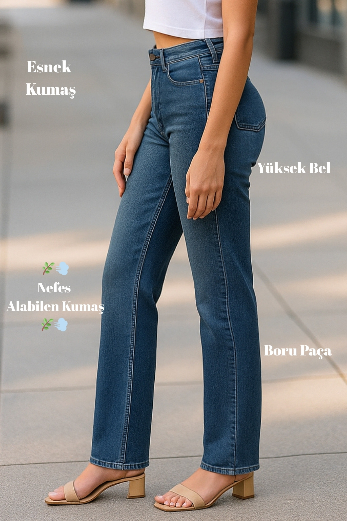 CEDY DENIM Kadın Boru Paça Yüksek Bel Regular Fit Likralı Pantolon-C607-Mavi