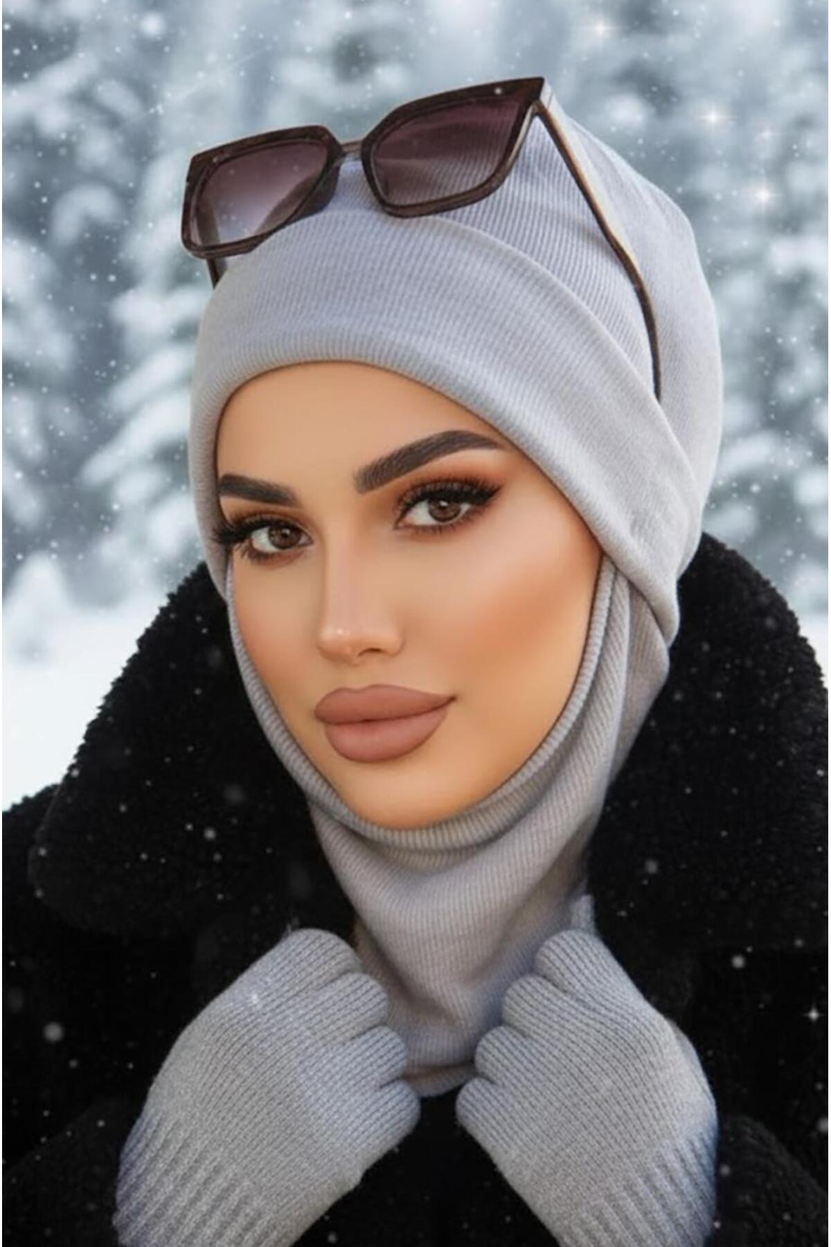 Aişe tesettür Gri Yumoş Maskeli Bere