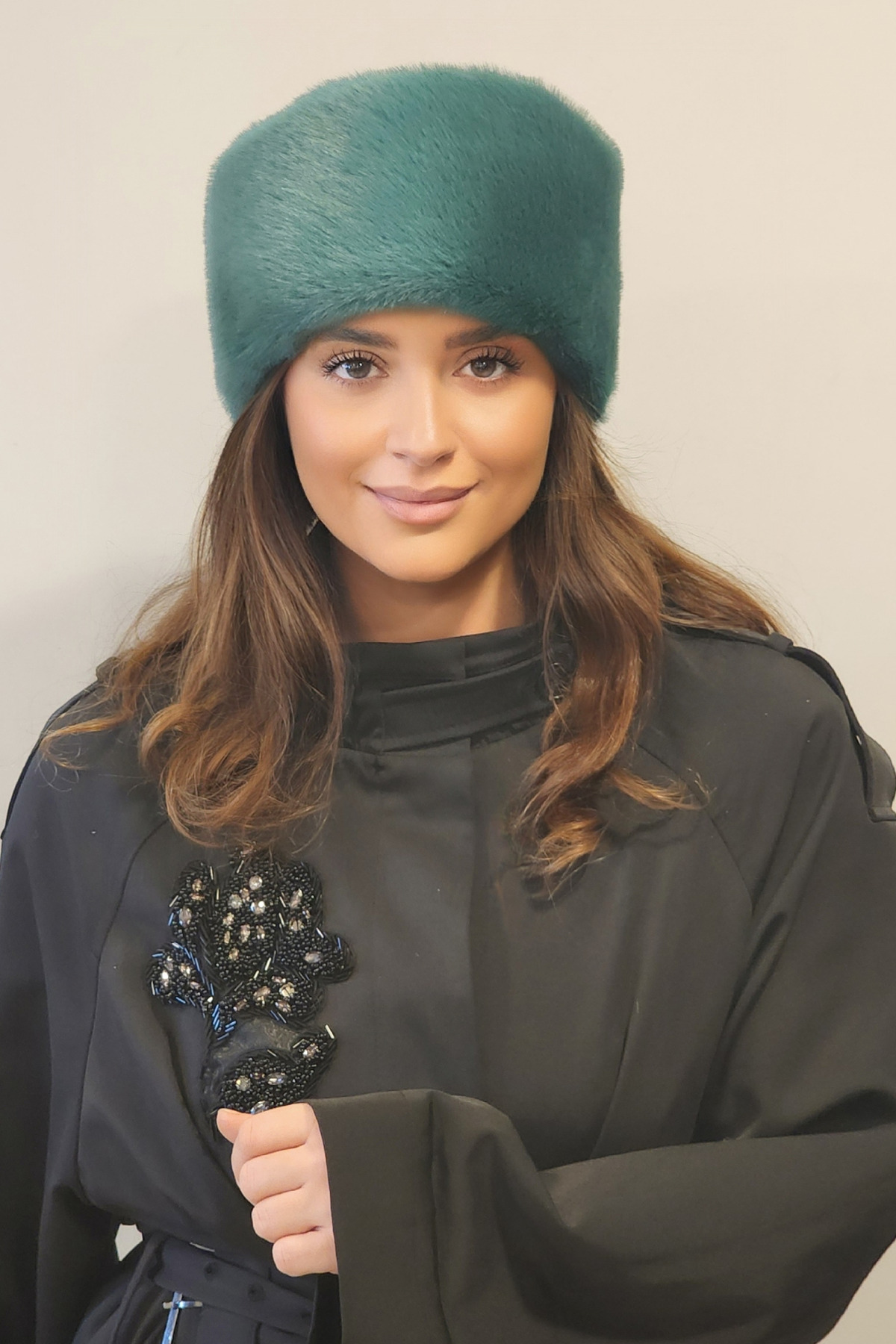 Women's Winter Kalpak Hat Soft Texture Plush Faux Beanie - Mink Emerald Green