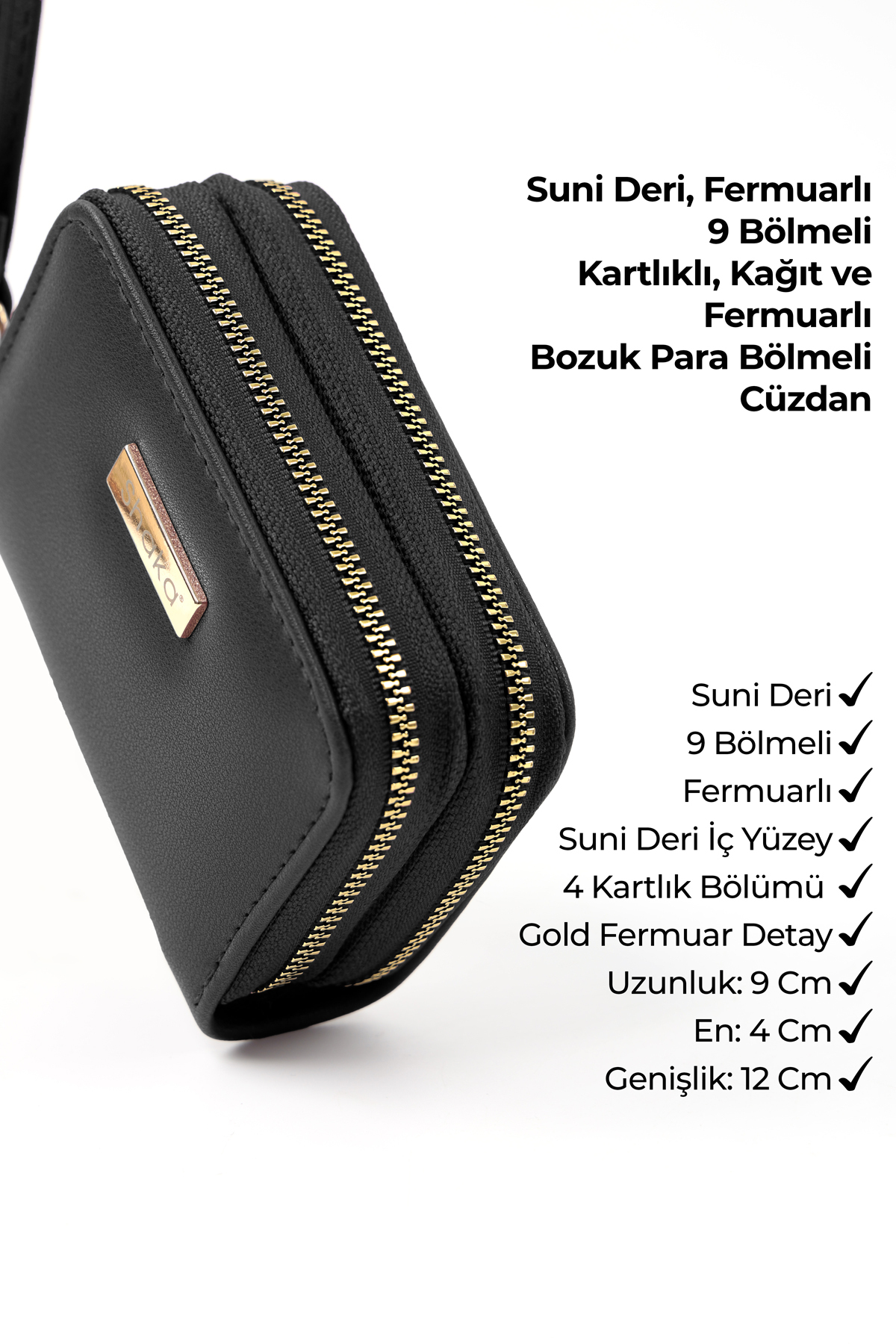 SHAKA Siyah Shk266 Suni Deri 9 Bölmeli, Fermuarlı, Kartlık ve Bozuk Para Bölmeli Cüzdan görsel 7