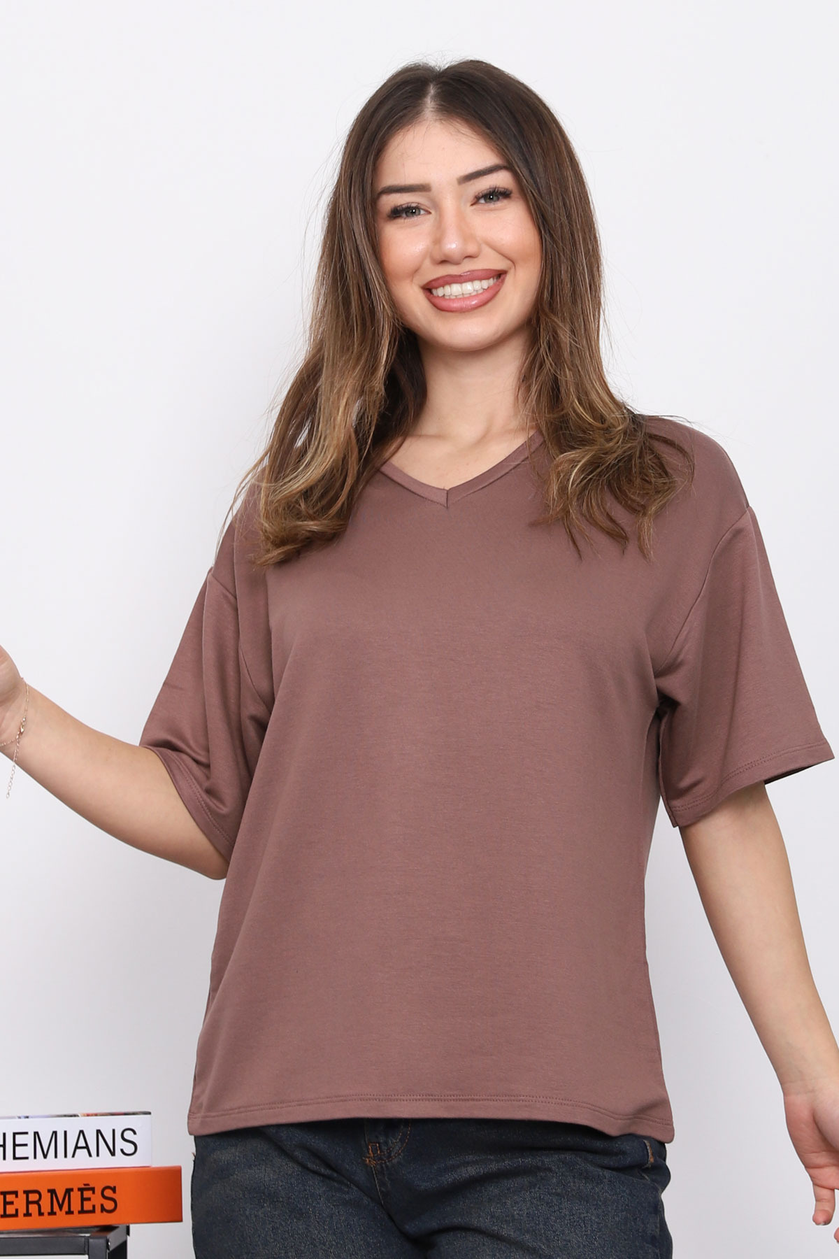 Brown V-Neck Short Sleeve T-Shirt