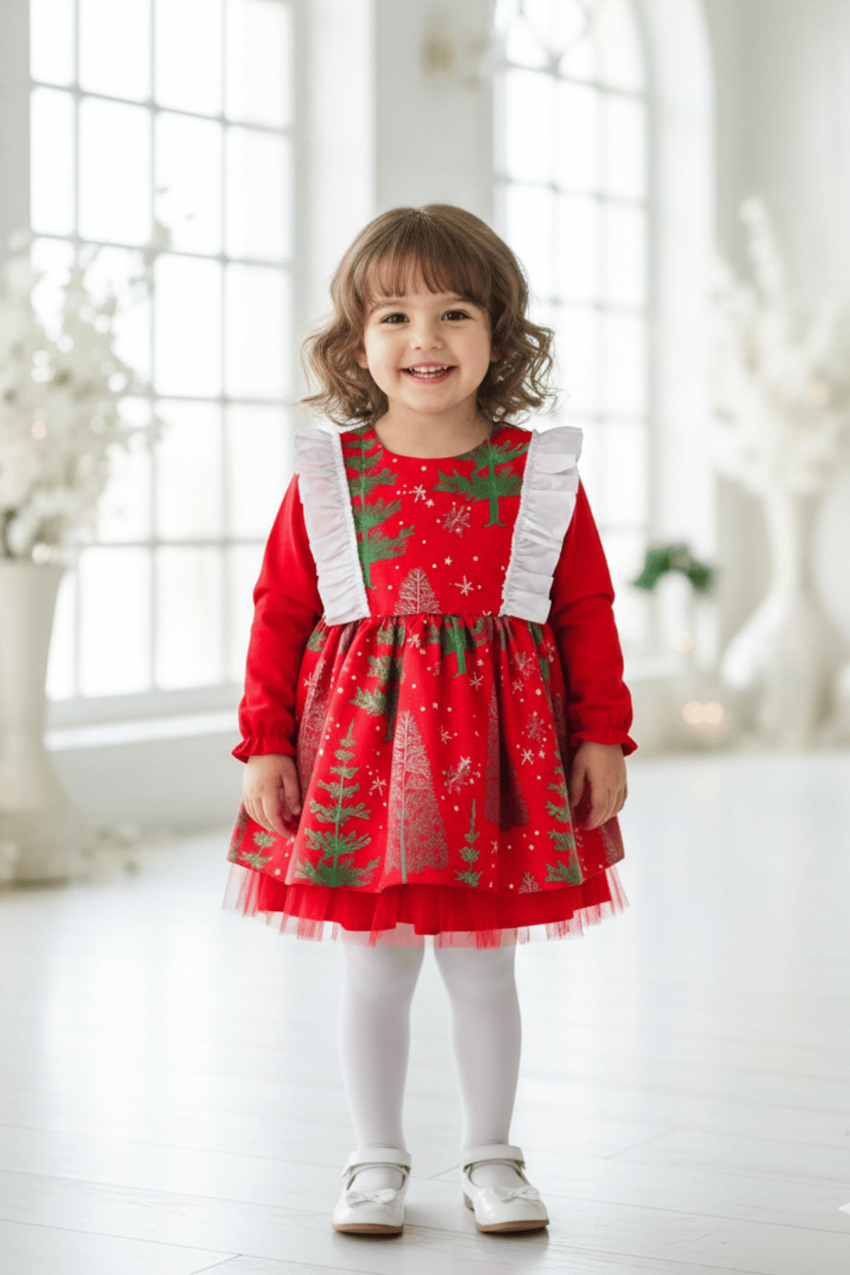 Bertuğ Bebek Yeniyıl Çam Ağaç Desenli Kırmızı Kız Çocuk Bebek Noel Elbise fotoğrafı 3 (önizleme)