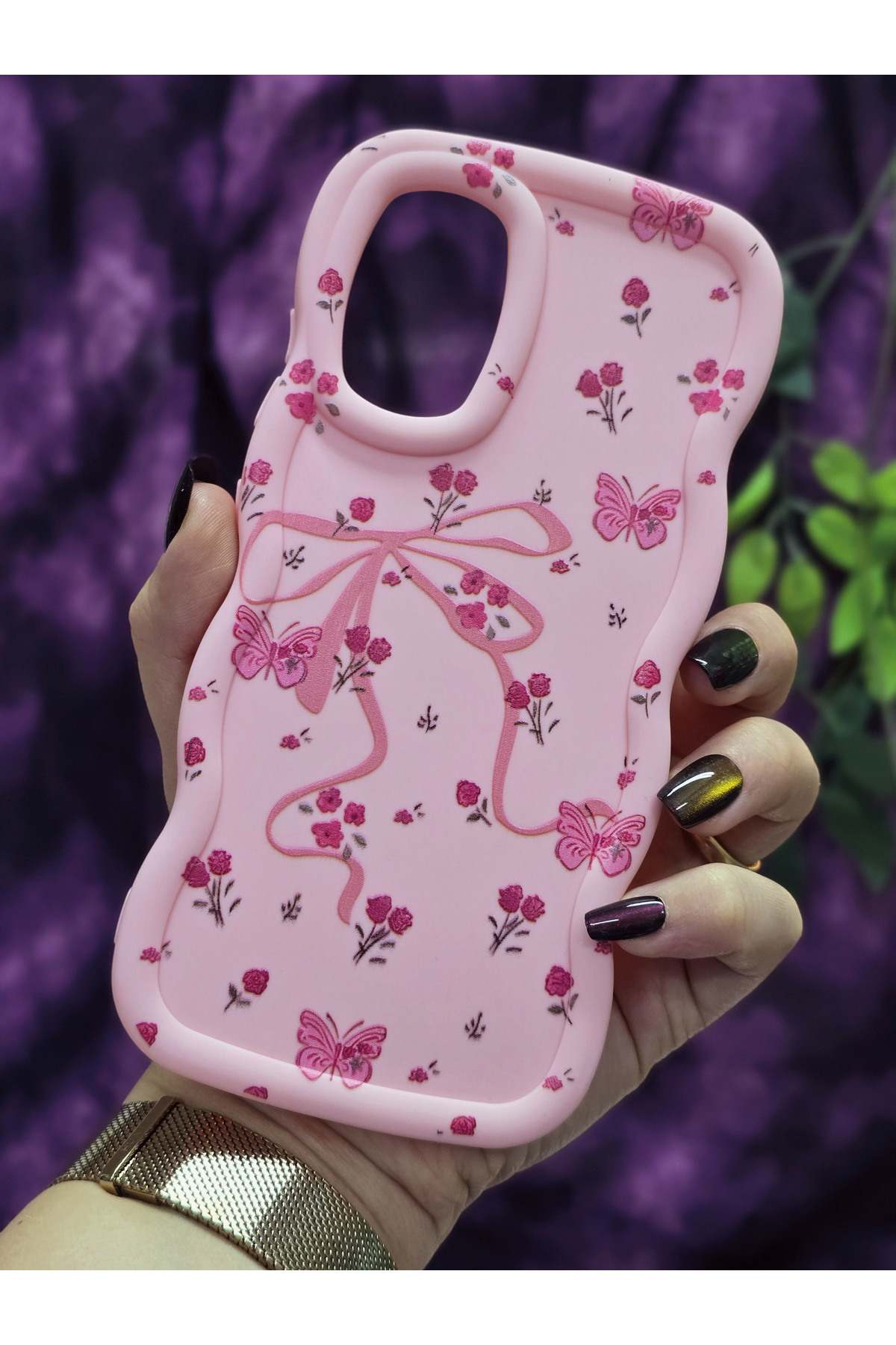 Samsung Galaxy A13 Compatible Butterfly Ribbon and Pink Flower Patterned Phone Case