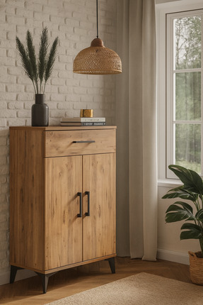 Dienni Arges Komodin 2 Raflı Tek Çekmeceli 2 Kapaklı 60x30x106 Çam-Çam