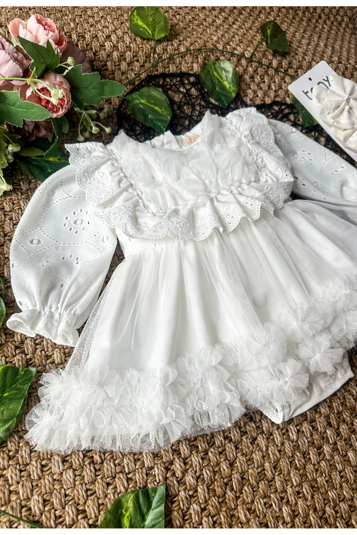 aysskids ASTER Beyaz Uzun Kollu Dantel Detaylı Etekli Kız Çocuk Bebek Özel Gün Bayramlık Elbise fotoğrafı 6 (önizleme)