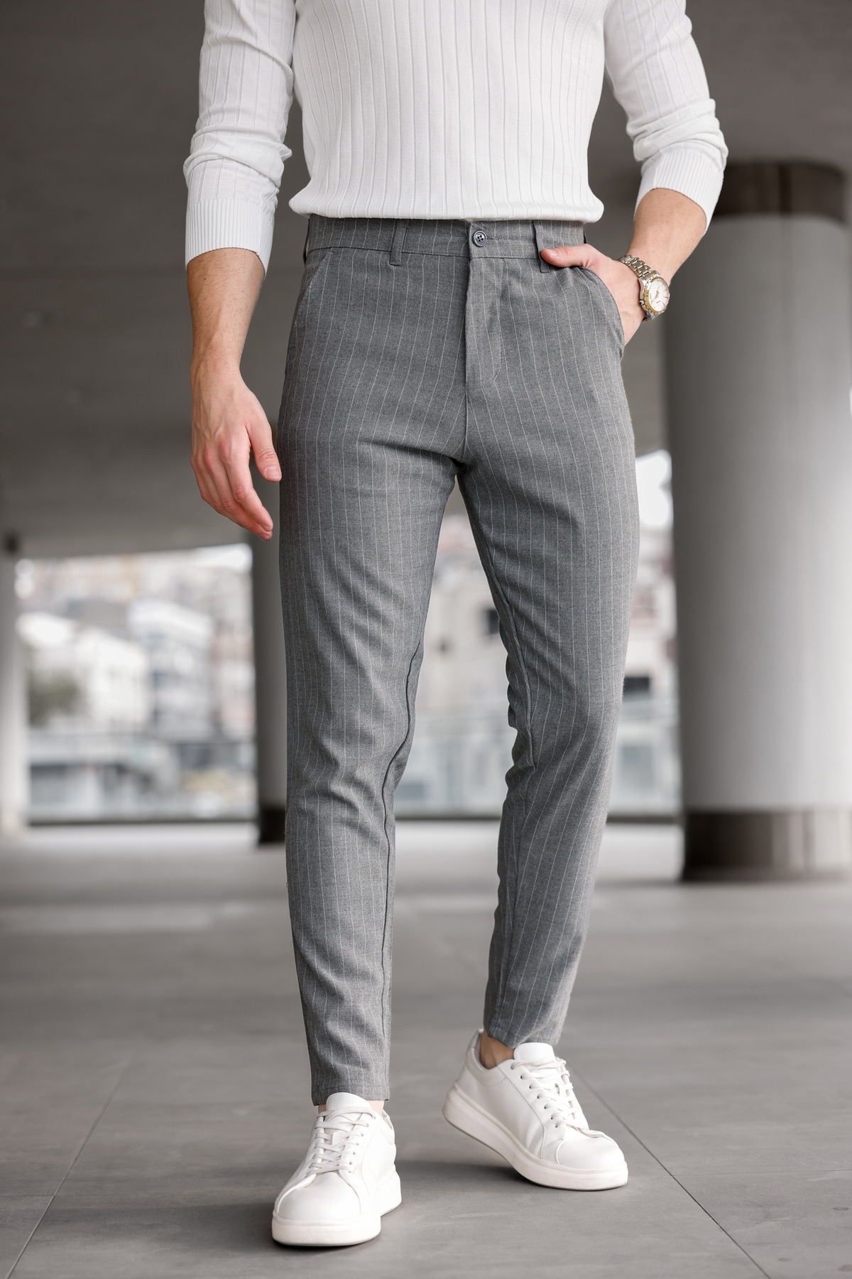 Erkek Füme Kumaş Pantolon Slim Fit Likralı Dar Paça Beş Cep Çizgili — خاکستری SJ-173