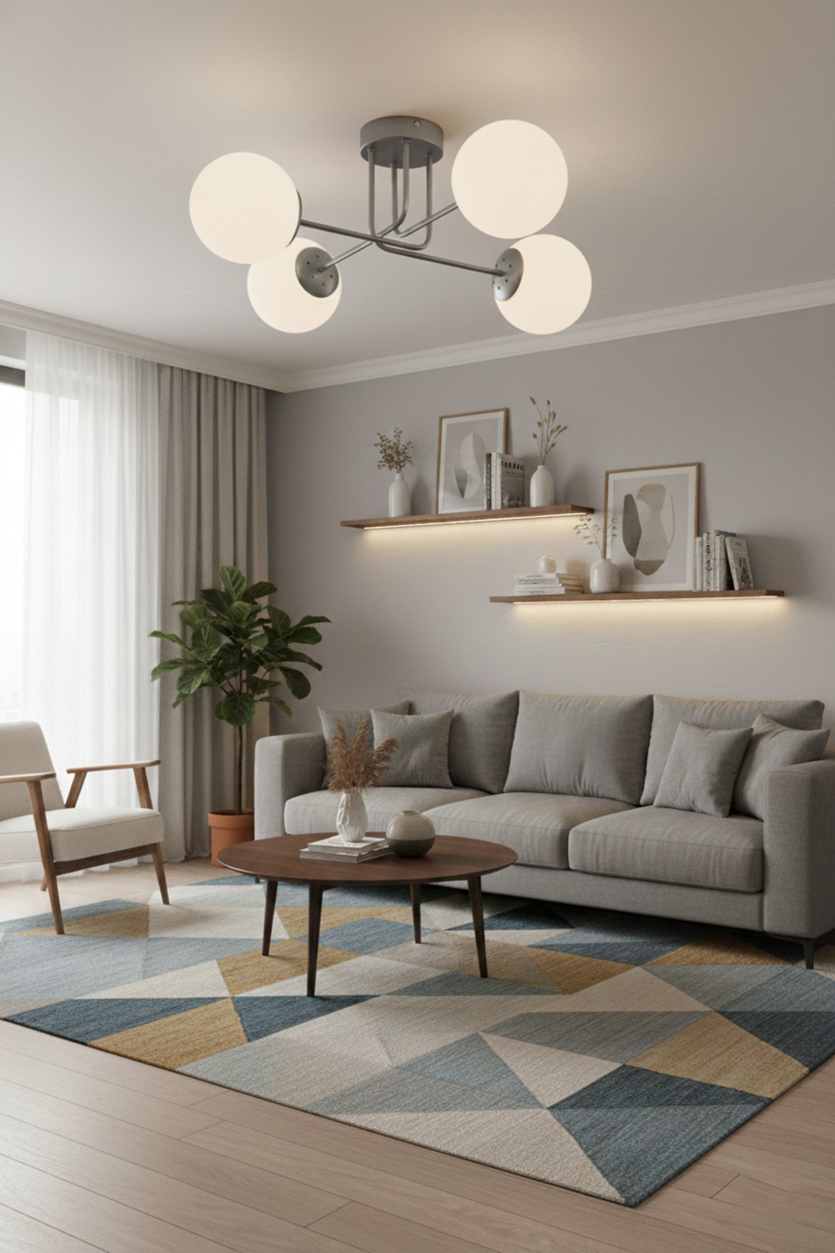 Sapphire Modern Design Living Room Bedroom Kitchen 4-Piece Chandelier with Gray Color White Glass