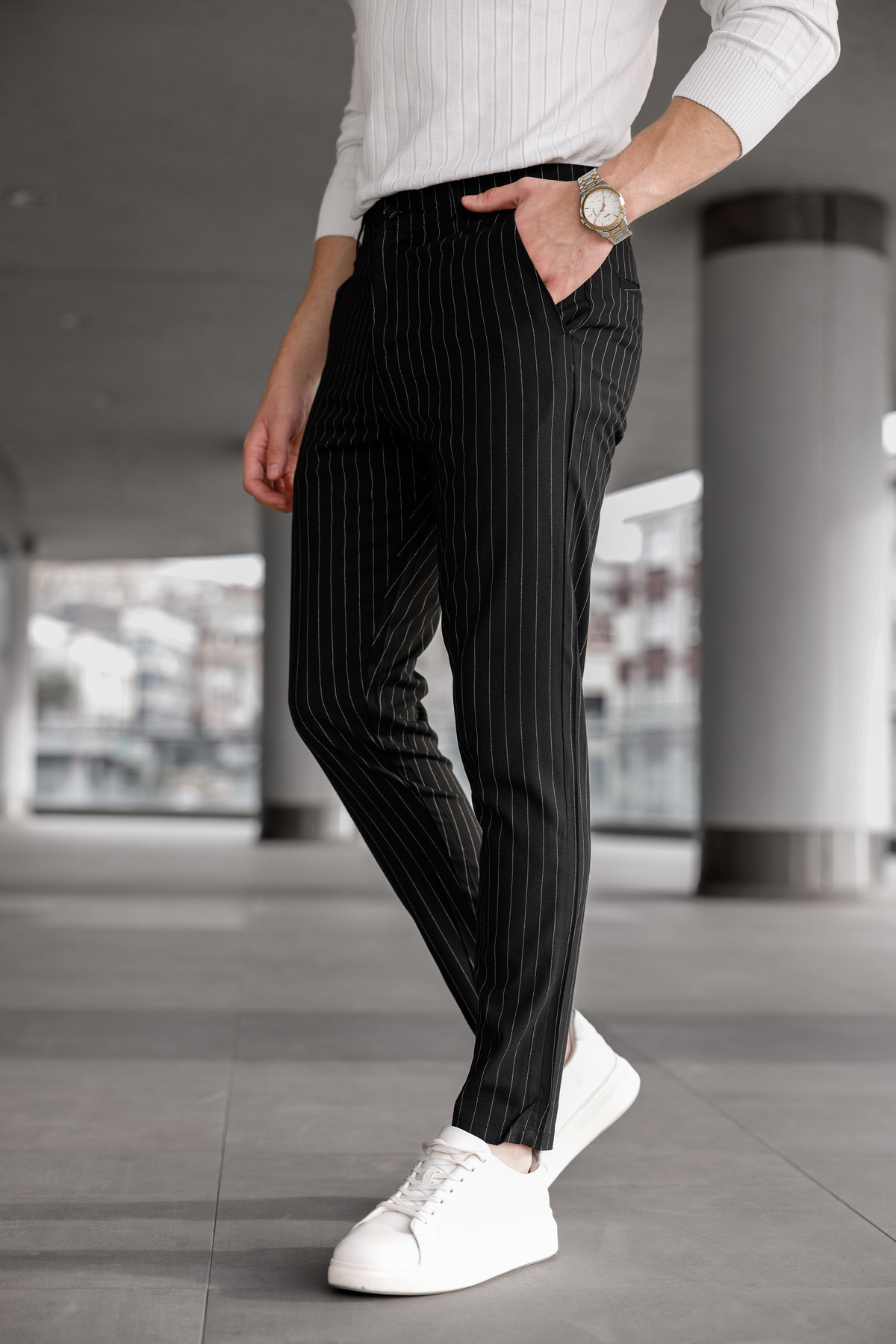 Ser Joven Erkek Siyah Slim Fit Çizgili Kumaş Pantolon görsel 7