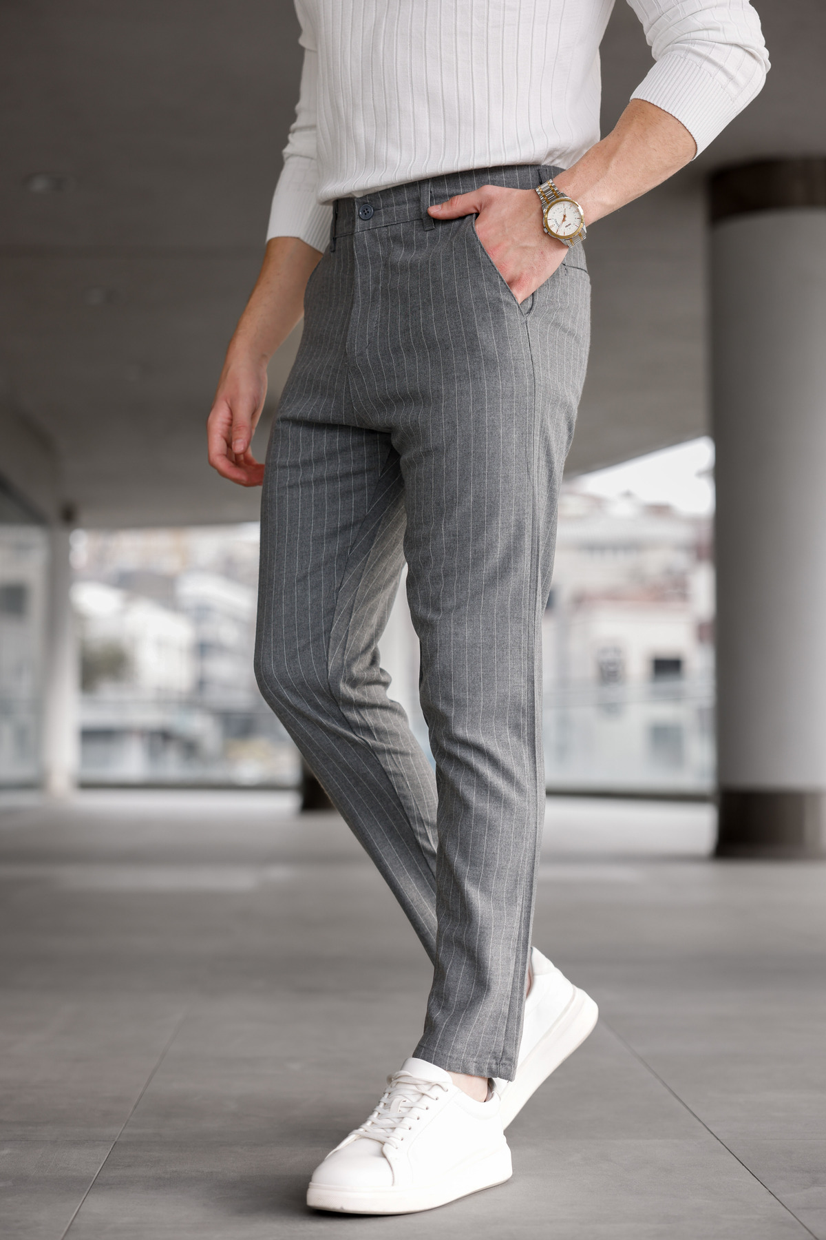 Erkek Füme Kumaş Pantolon Slim Fit Likralı Dar Paça Beş Cep Çizgili — خاکستری SJ-173 — تصویر 6 از 6