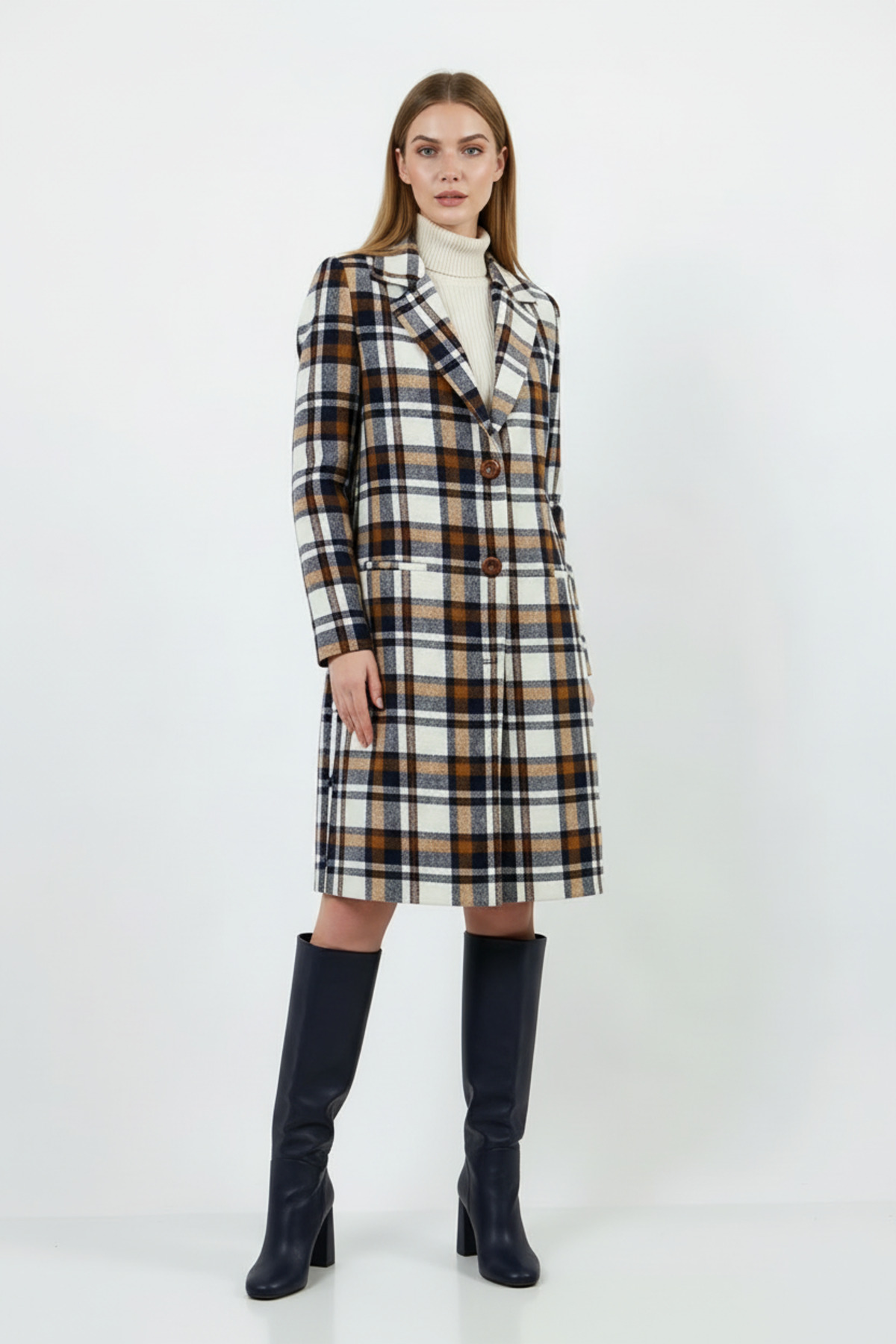 Volanlı  Ekose Desenli Palto