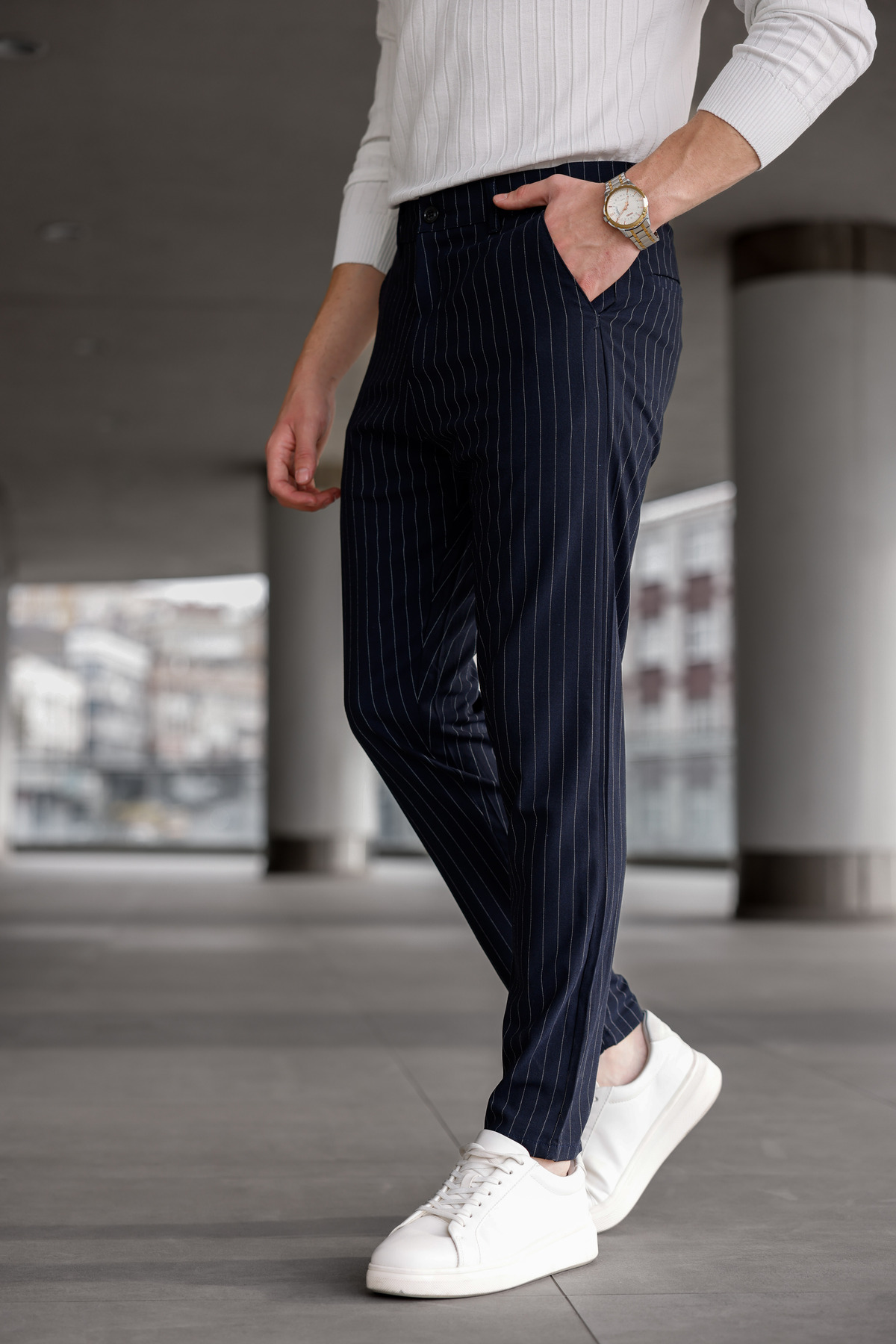 Ser Joven Erkek Lacivert Slim Fit Çizgili Kumaş Pantolon görsel 6