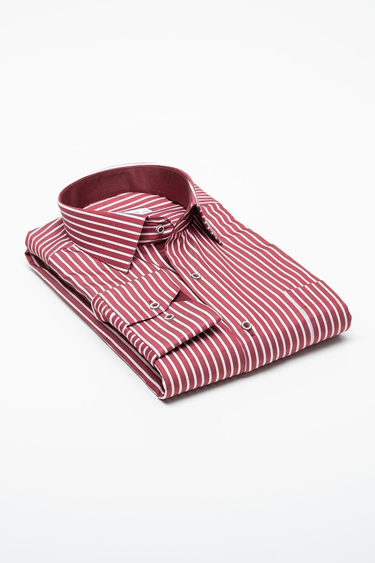 Classic Long Sleeve Premium Thick Striped Gift Boxed Men's Shirt FS-001266 - Burgundy White
