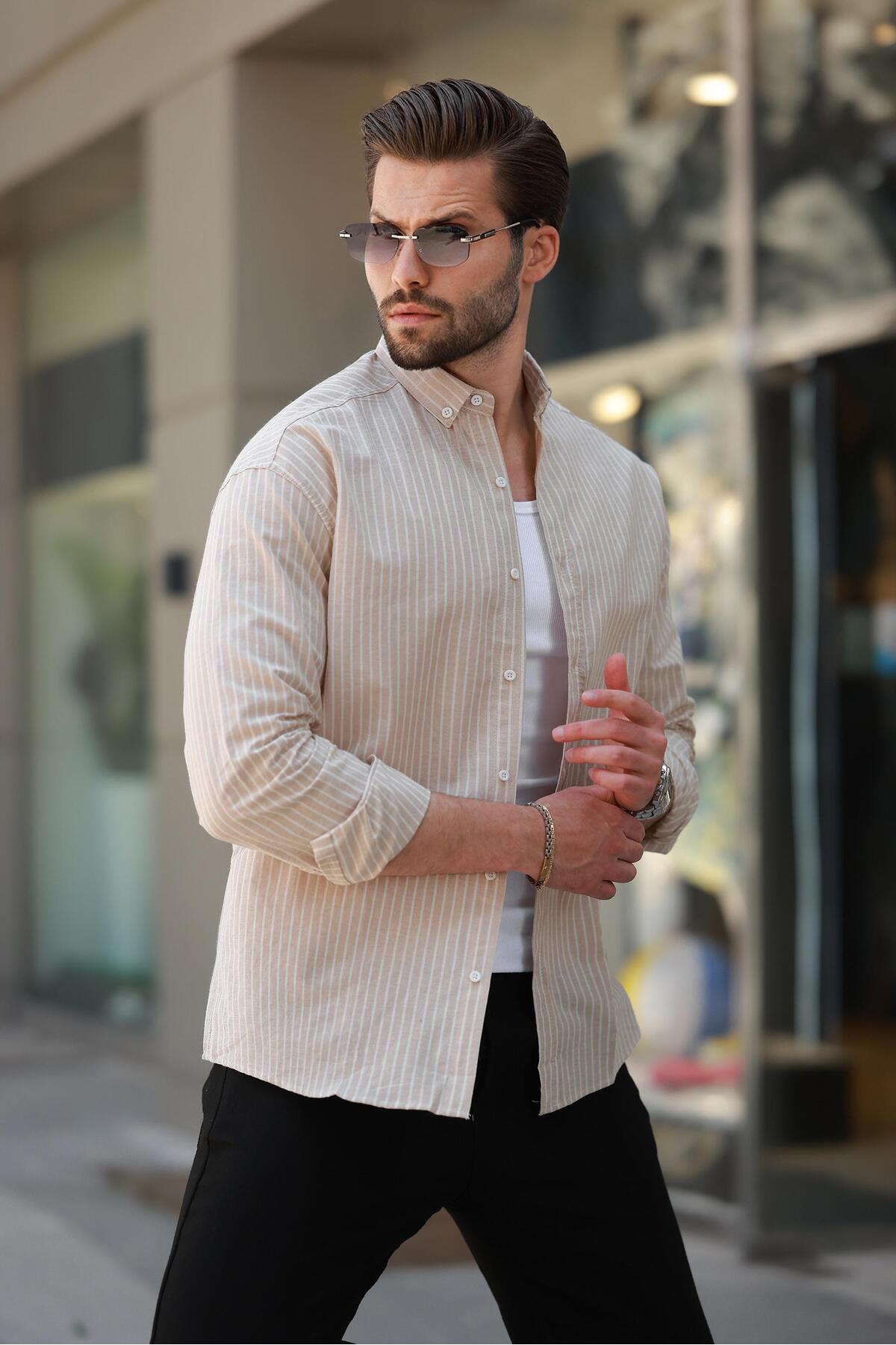 Madmext Men's Beige Striped Long Sleeve Cotton Shirt 6746