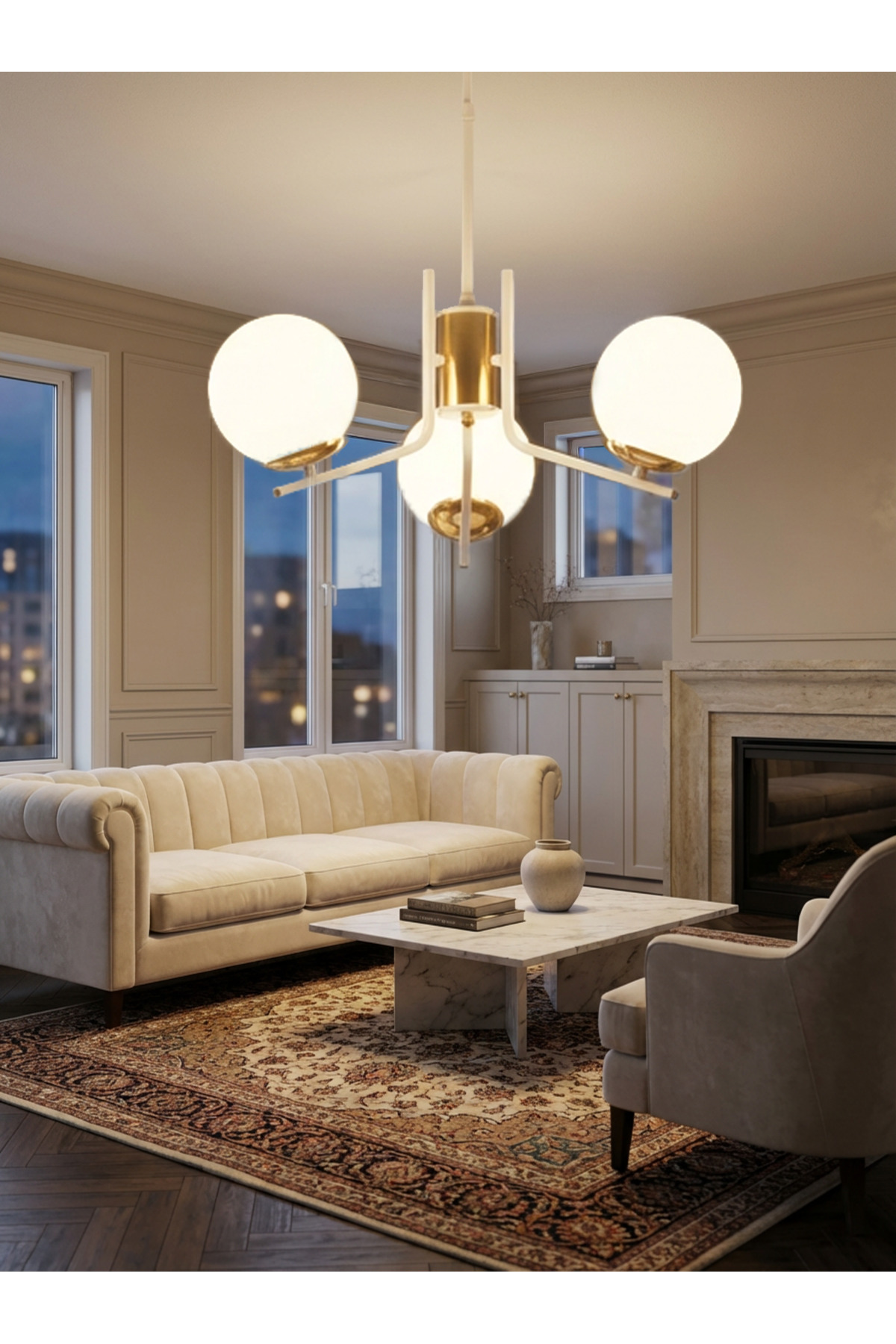 SENNA 3-PIECE WHITE - GOLD COLORED MODERN PENDANT WITH WHITE GLOBE GLASS LIVING ROOM LIVING ROOM