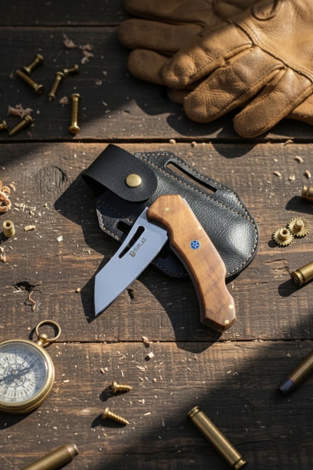 SürLaz Isme Özel Ay Yıldız Outdoor Katlanır Kamp Bıçağı Mekanizmalı Deri Kılıf