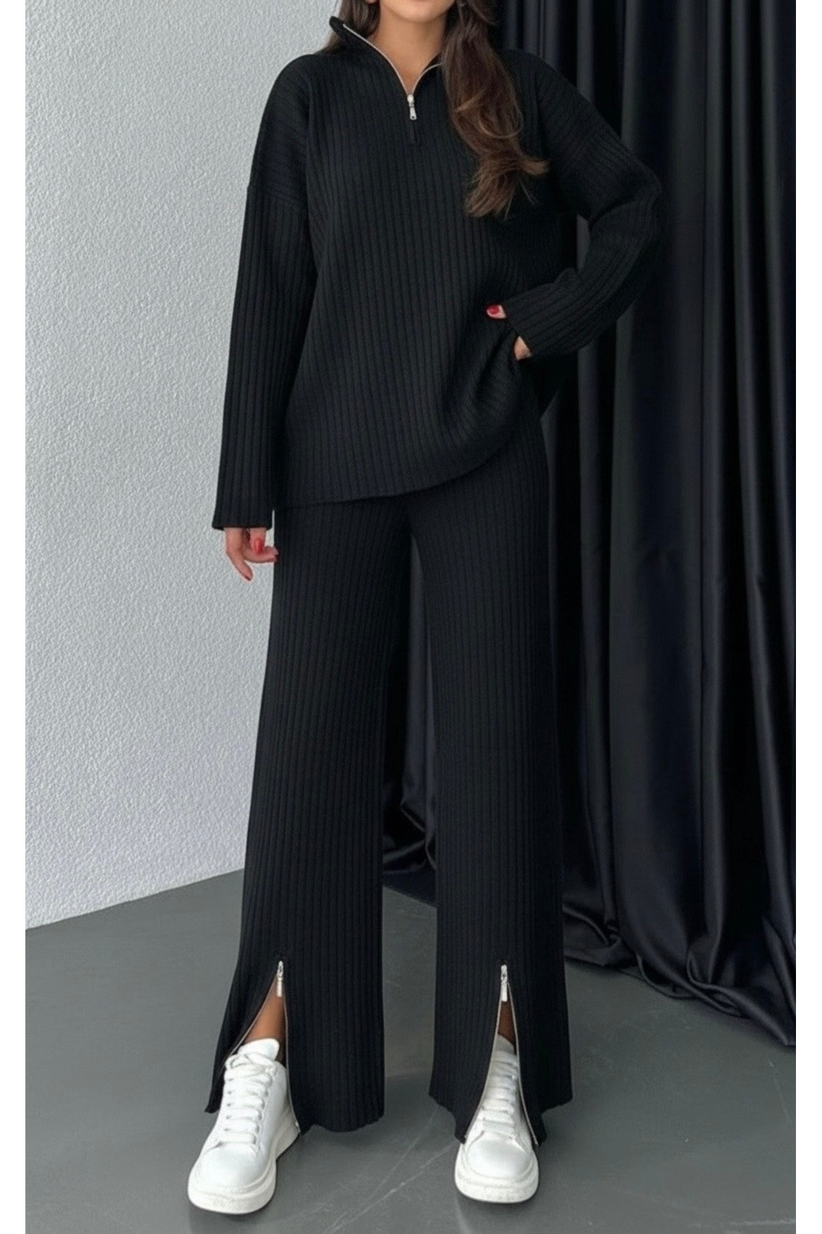 Zipper Detail Knitwear Sweater Trousers 2 Piece Set