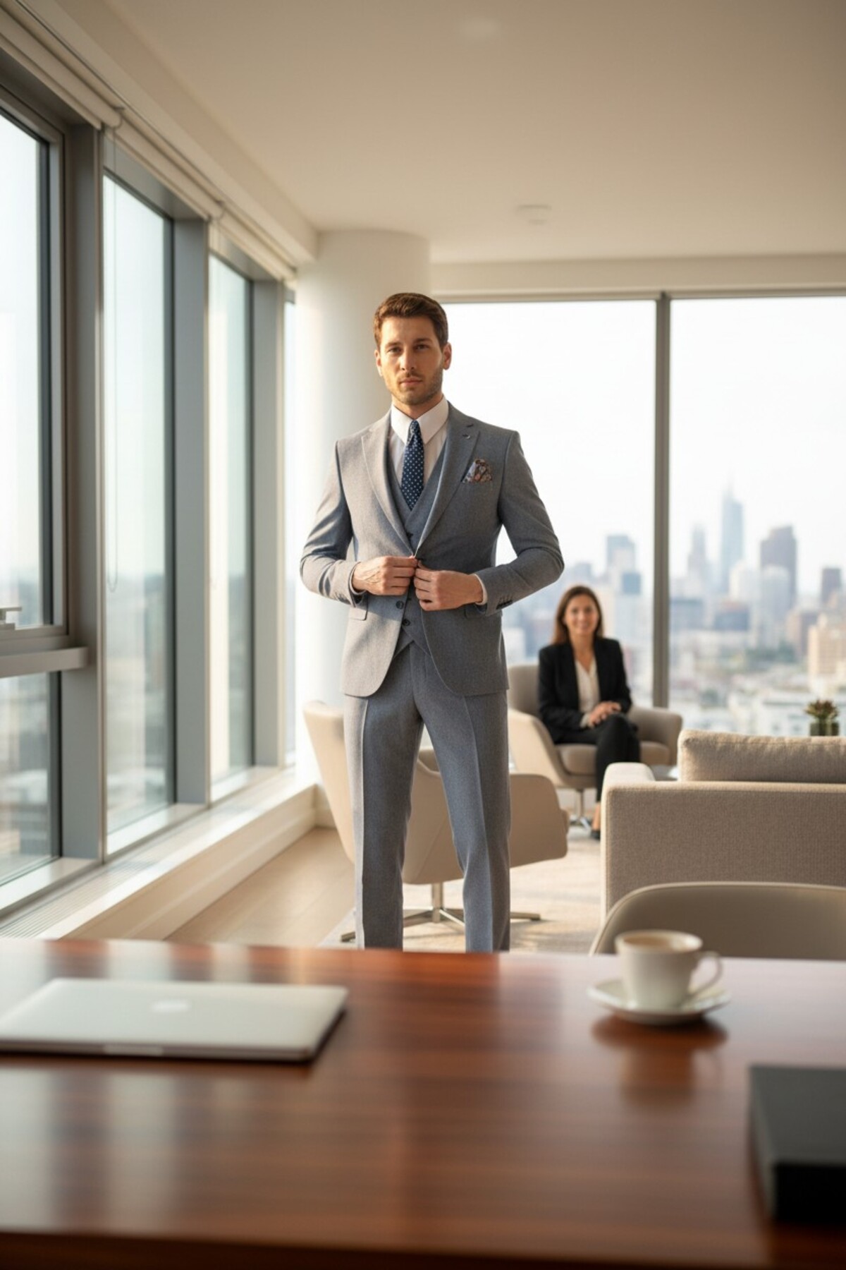 Frappoli Lacivert Slim Fit Erkek Düz Mono Yaka Çift Yırtmaçlı Astarlı Takim Elbise görsel 4