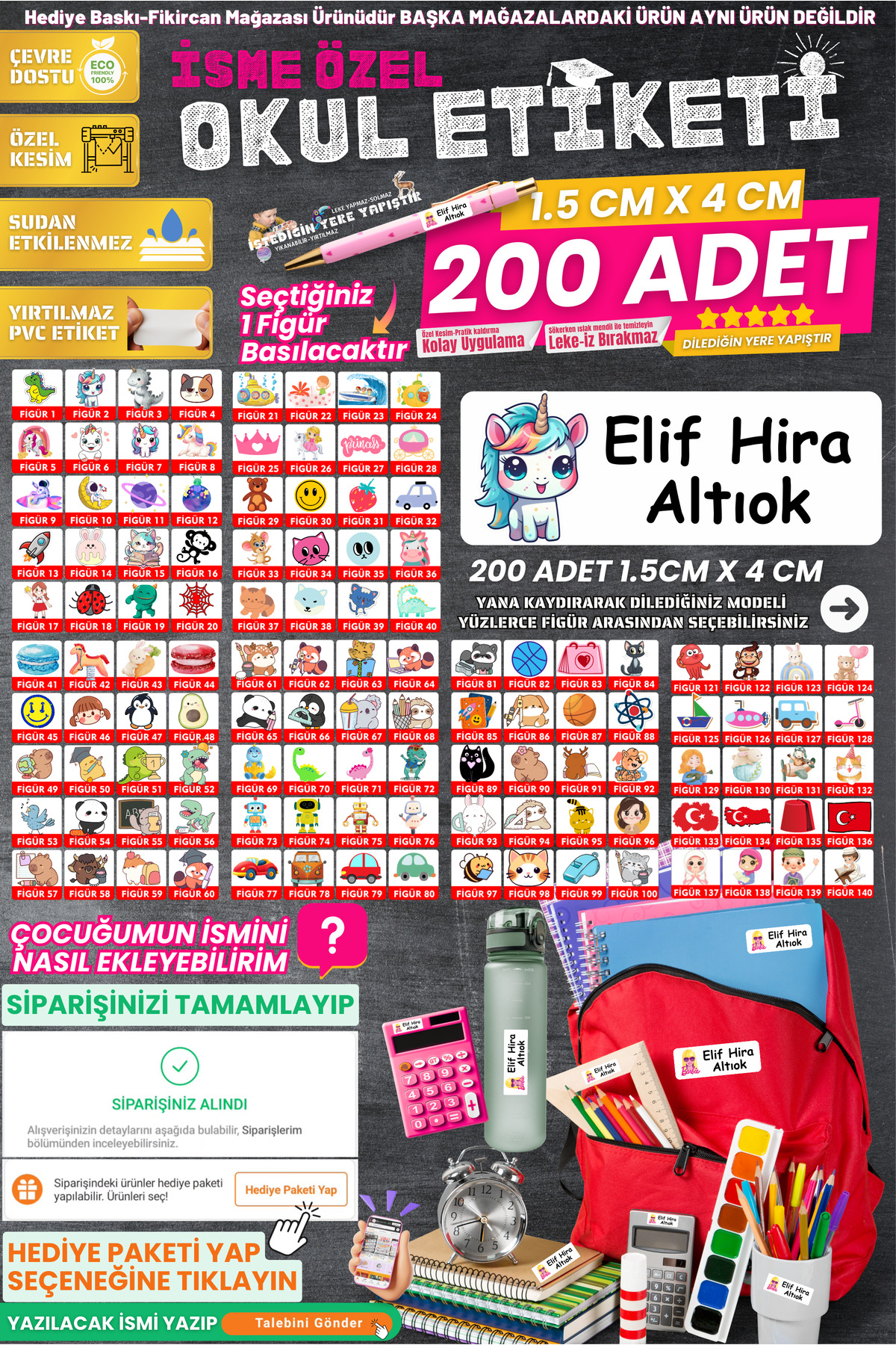 Fikircan-İsme Özel Okul Etiket Seti - 200 Adet - Kokusuz Ekolojik Mürekkep PVC ETİKET