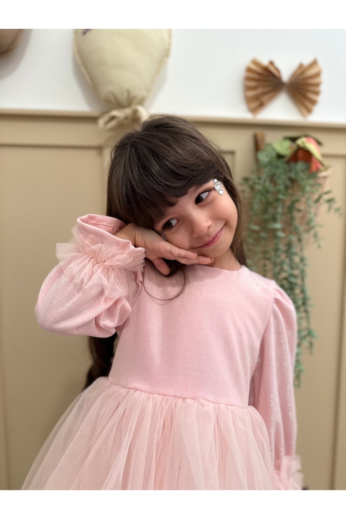 penu baby kids Pembe Pırıltı Kumaş Altı Tül Etekli Pamuk Astarlı Fiyonklu Uzun Kol Kız Çocuk Kız Bebek Elbise fotoğrafı 5 (önizleme)