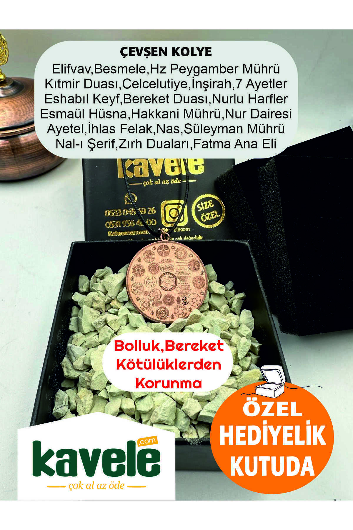 Ham Saf Bakır Manyetik Zeolit Kumlu Zırhlı Cevşen Bakır Kolye Ucu-Hediyelik Kutuda