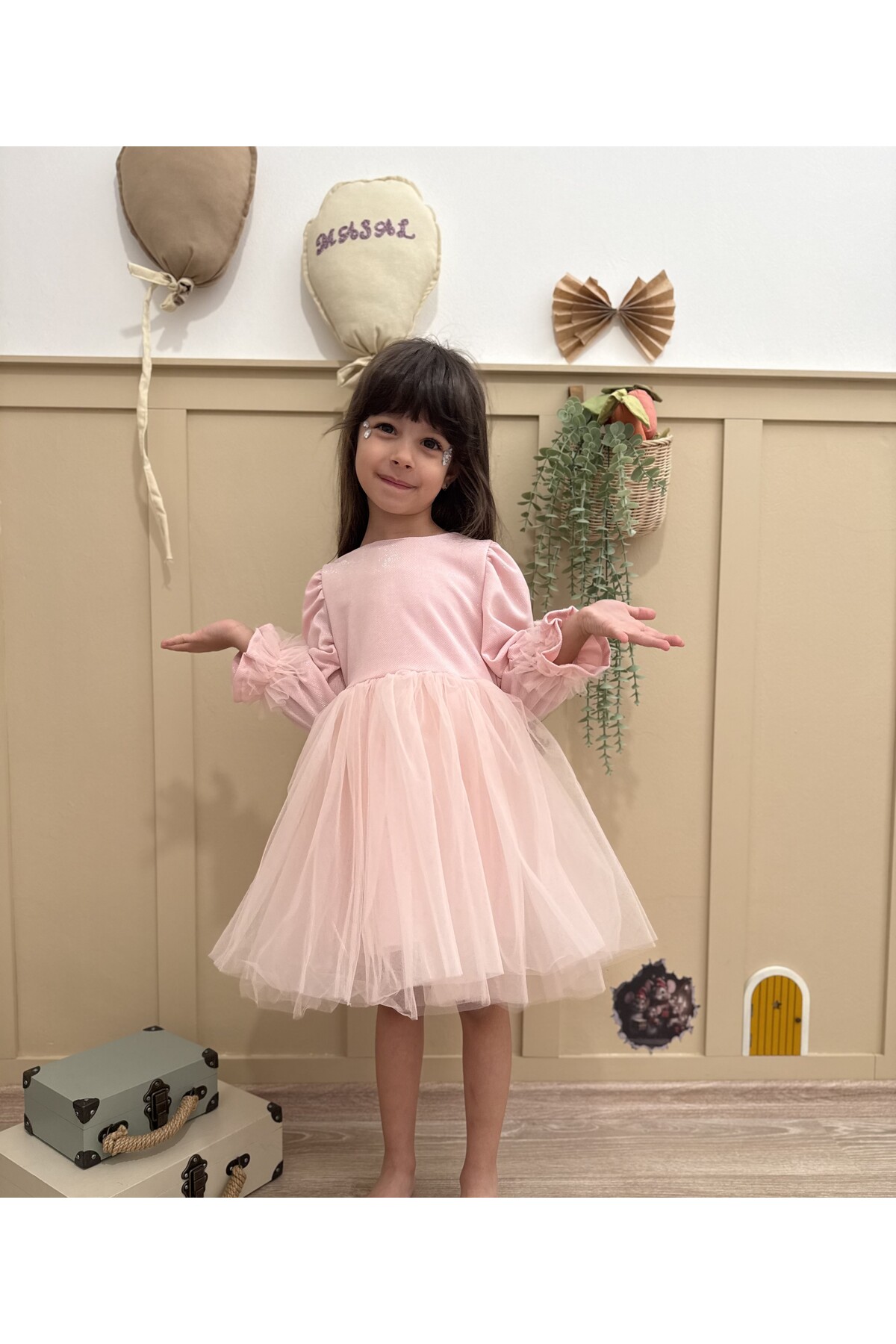 penu baby kids Pembe Pırıltı Kumaş Altı Tül Etekli Pamuk Astarlı Fiyonklu Uzun Kol Kız Çocuk Kız Bebek Elbise fotoğrafı 3 (önizleme)