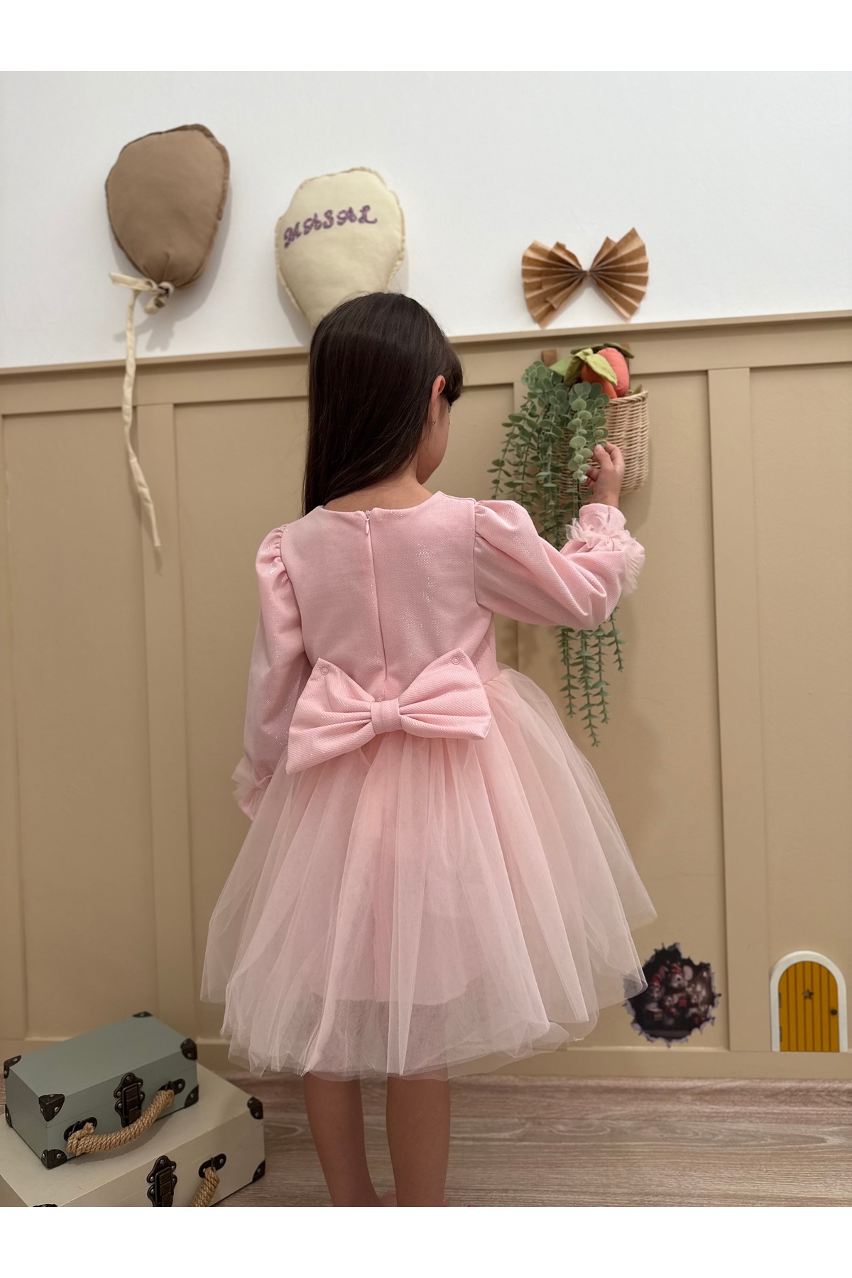 penu baby kids Pembe Pırıltı Kumaş Altı Tül Etekli Pamuk Astarlı Fiyonklu Uzun Kol Kız Çocuk Kız Bebek Elbise fotoğrafı 4 (önizleme)