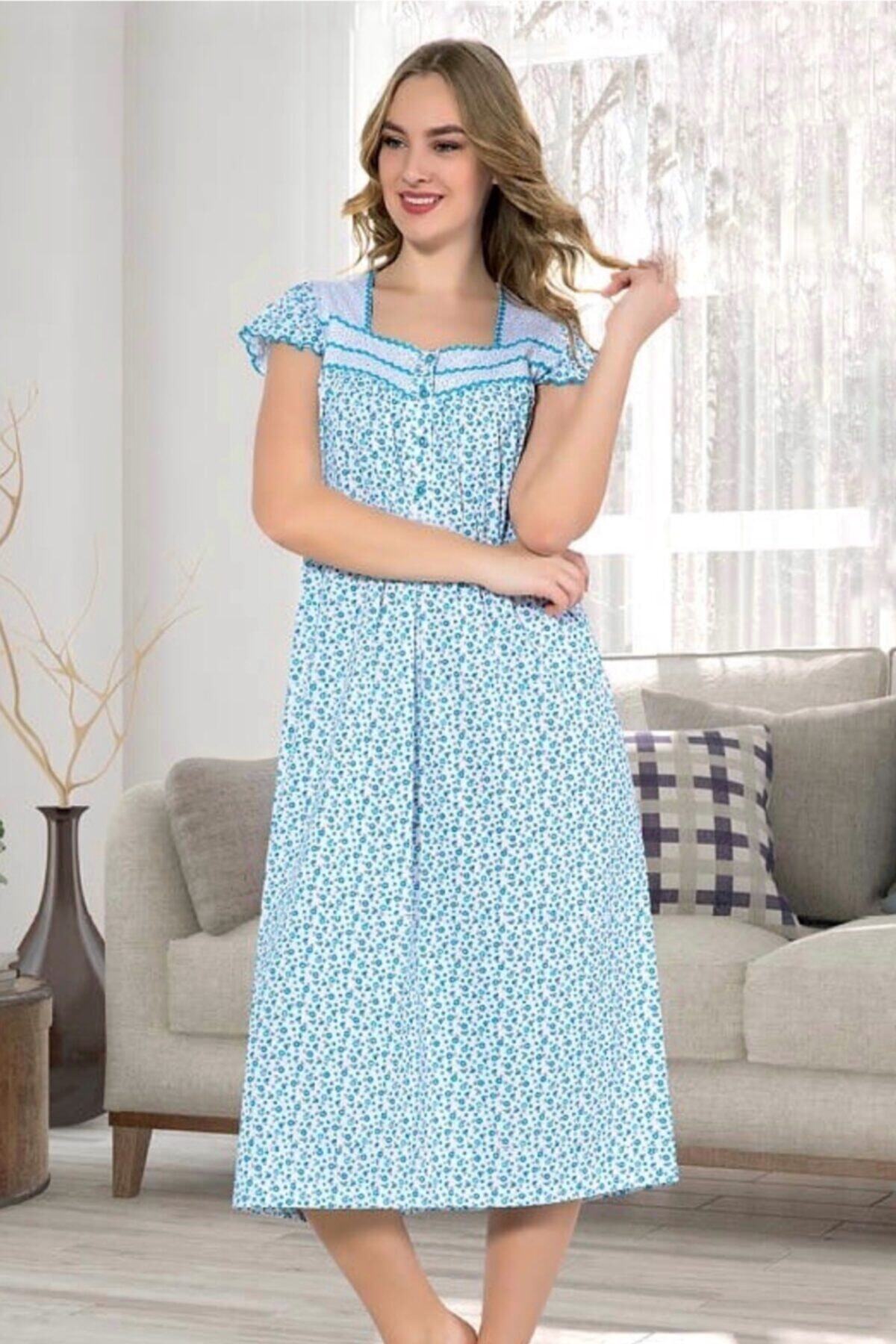 ATINÇ Kadın Turkuaz Japone Kol Düğmeli Pamuk Gecelik