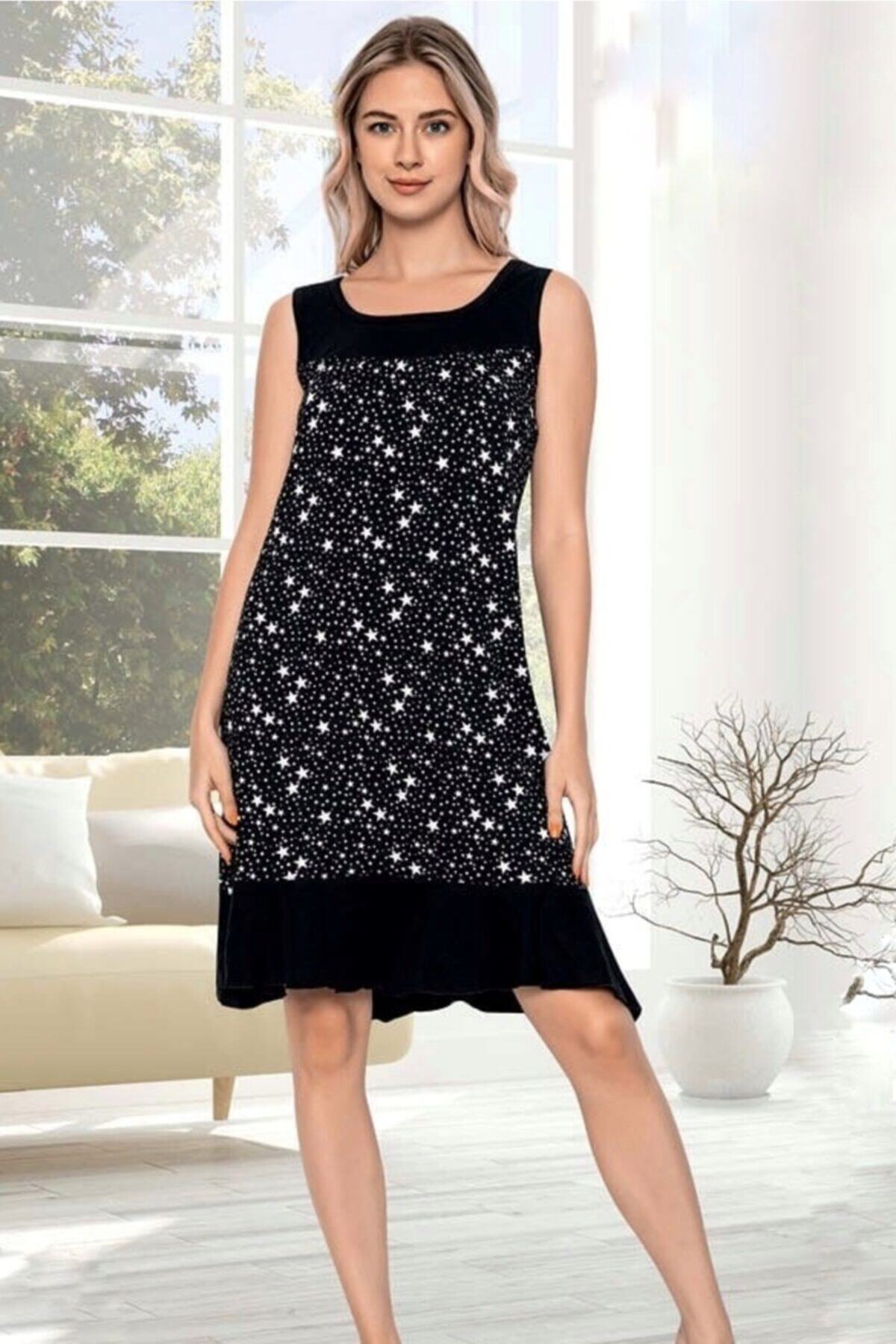 ATINÇ Desenli Fırfırlı Kolsuz Yazlık Pamuk Ev Elbisesi