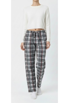 noend Kışlık Polar Cepsiz Ekose Desen Beli Lastikli Kadın Pijama Altı