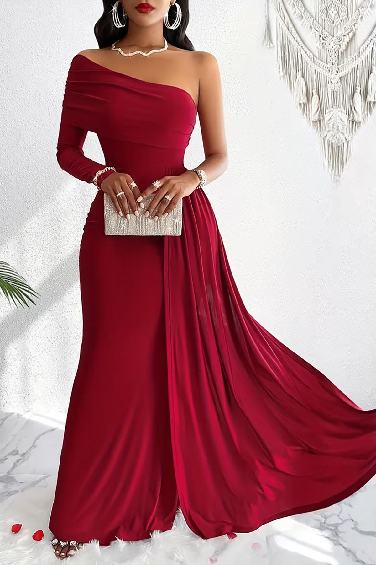 Burgundy One Shoulder Long Sleeve Tailed Maxi Size Crepe Fabric Evening Dress