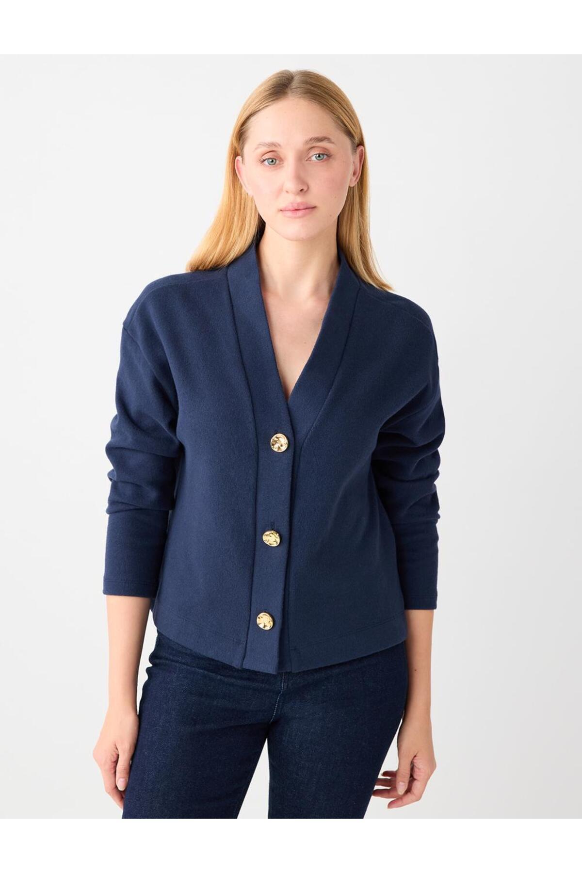 Jimmy Key  Lacivert Rahat Kesim V Yaka Yumuşak Dokulu Örme Hırka