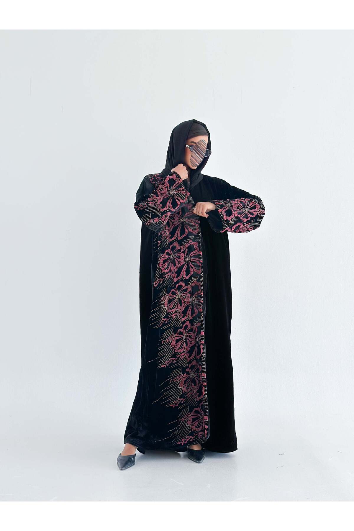 AYA mwt554 عباية مخمل مع شيفون طباعة