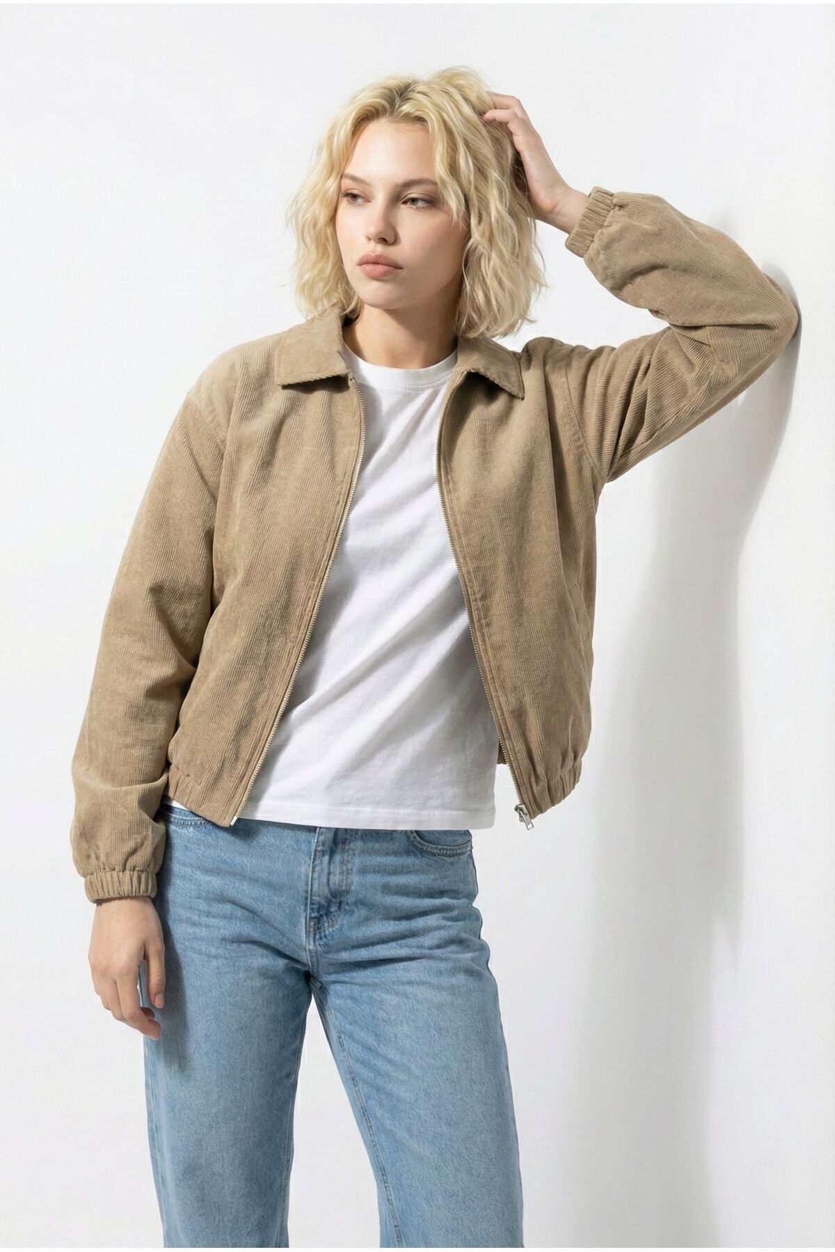 Ceylen  Kadın Oversize Pamuklu Gabardin Klasik Yaka Fermuarlı Casual Ceket Mont - Görsel 3