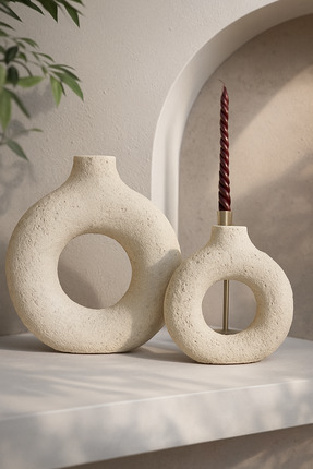 Düşler El Yapımı Traverten Dokulu Modern Halka Vazo Seti