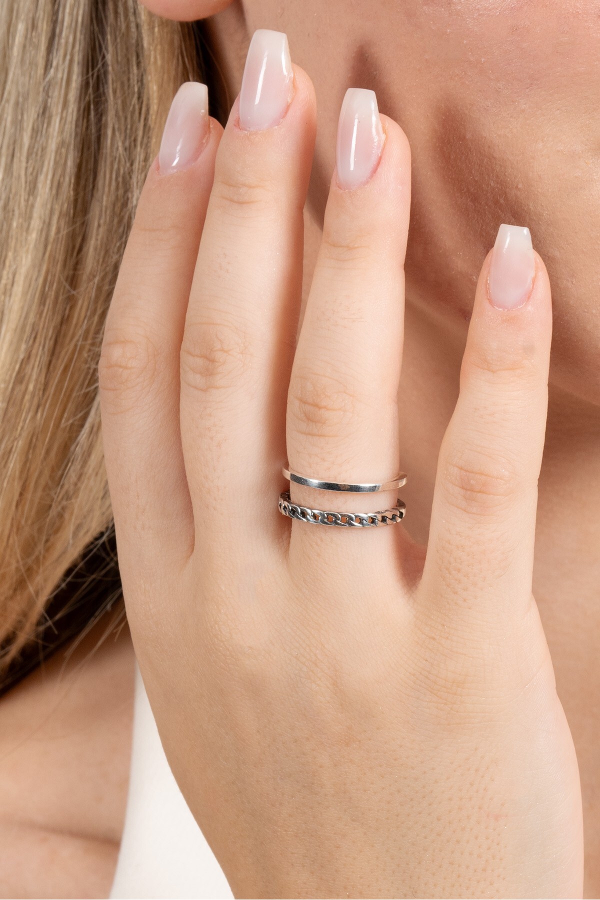 Söğütlü Silver 925 ayar gümüş yüzük oksitli çift görünümlü zincir modeli ayarlamalı yüzük SGTL13119SIYAH