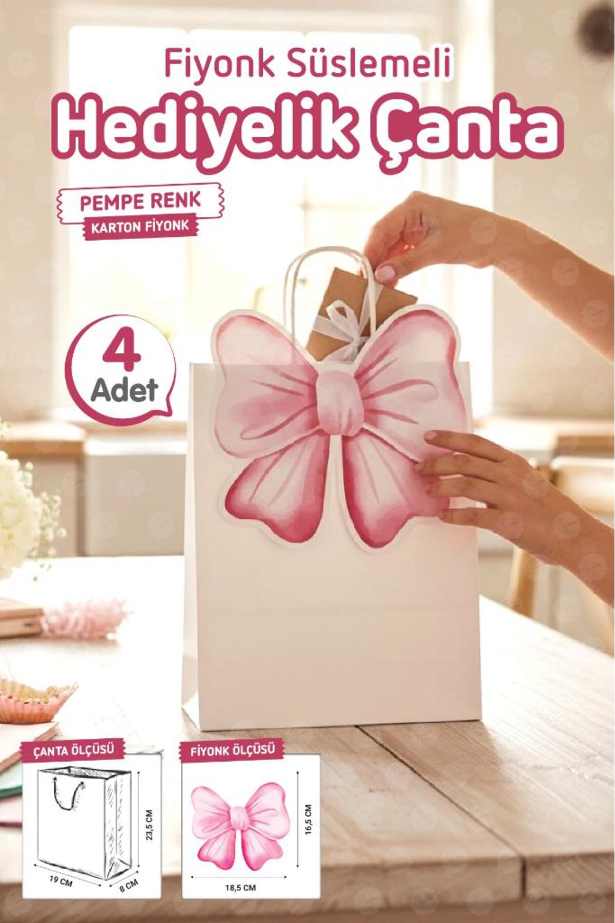 t tuğset etiket Burgu Saplı Karton Kurdeleli Çanta 4 adet Hediye Paketi Çanta Poşet (Pembe)doğum günü, düğün, bebek fotoğrafı 4 (önizleme)