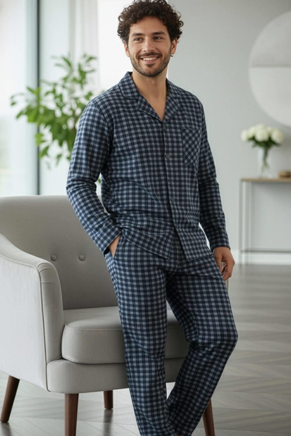 Pijamaevi Lacivert Gri Ekose Desenli Önden Düğmeli Elegant Erkek Pijama Takımı görsel 4